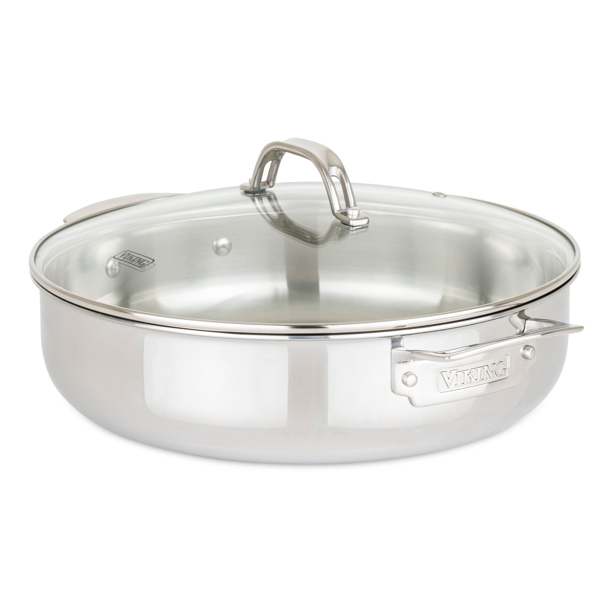 The Viking 3-Ply Stainless Steel 17-Piece Cookware Set with Glass Lids by Viking Culinary Products is shown on a white background, featuring shiny pans with visible branding and ergonomic Stay-Cool Handles.