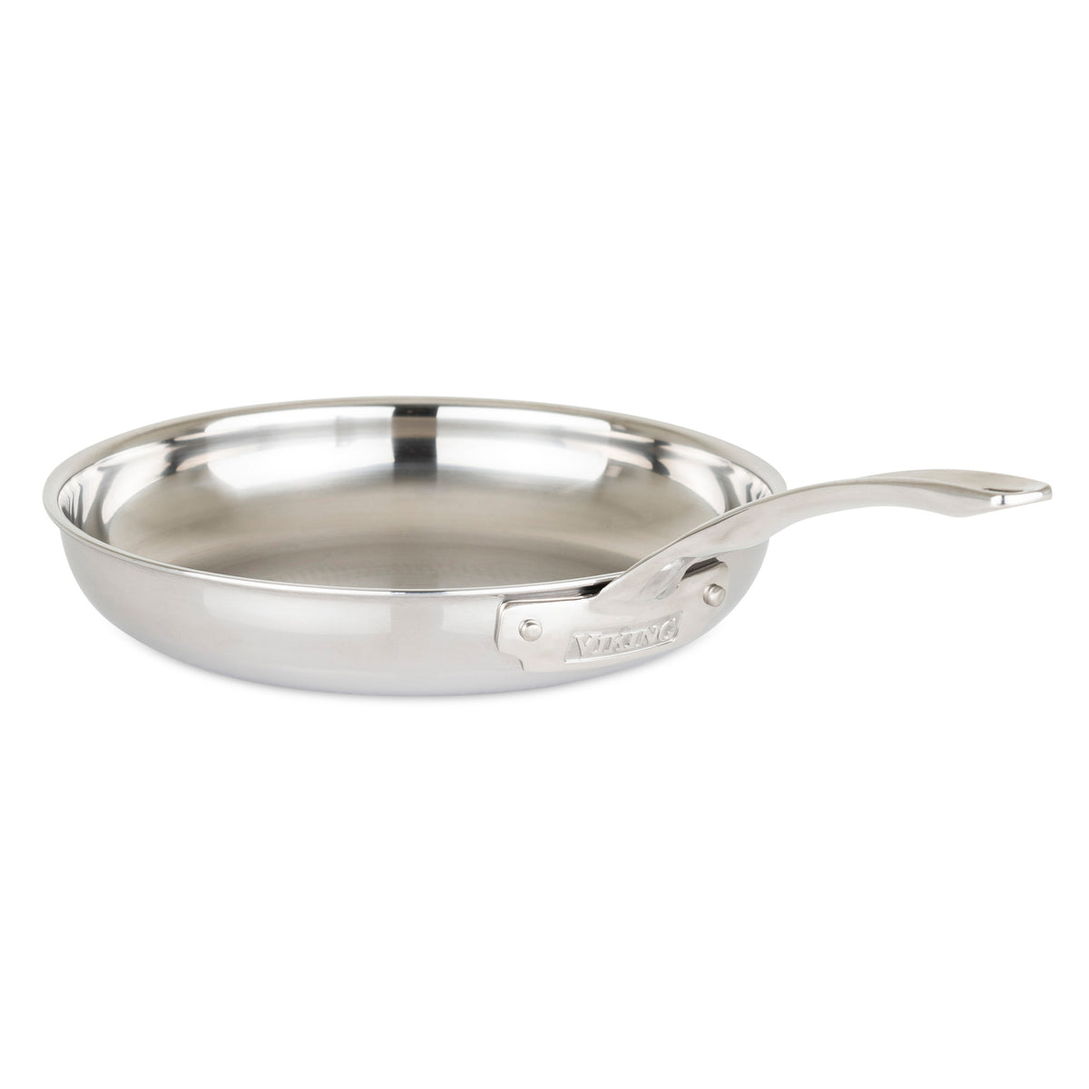 The Viking Culinary Products 3-Ply Stainless Steel 17-Piece Cookware Set with Glass Lids features a shiny finish and curved Viking Stay-Cool Handles, displayed against a plain white background.
