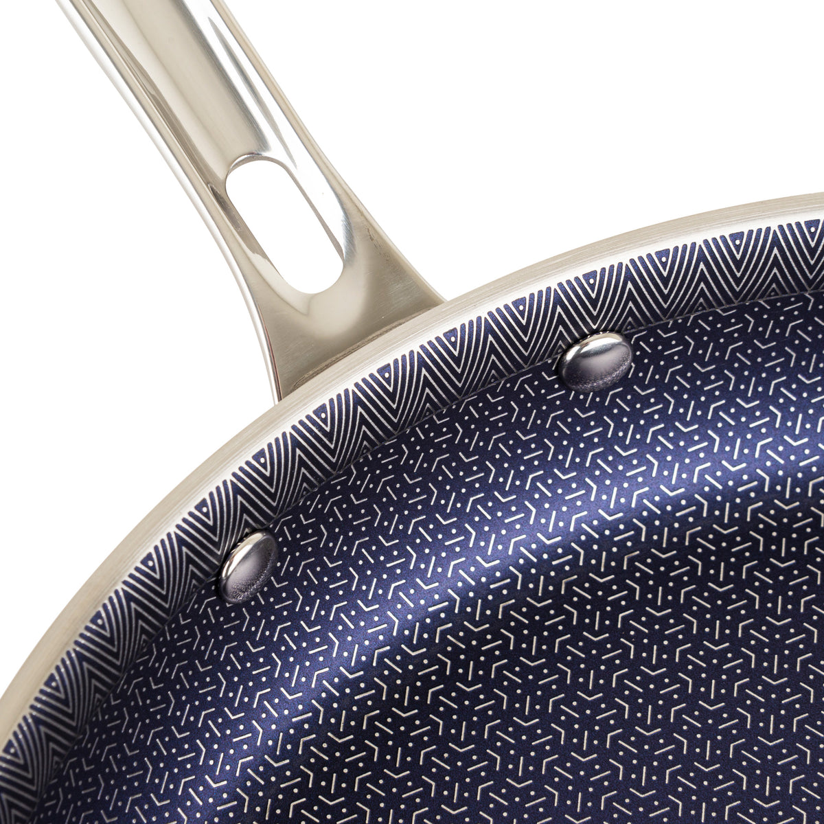 Close-up of the Viking Culinary Products 3-Ply Hybrid Plus 12-inch Nonstick Fry Pan, featuring a metal handle, geometric white patterned dark nonstick interior, and induction compatibility for versatile cooking.