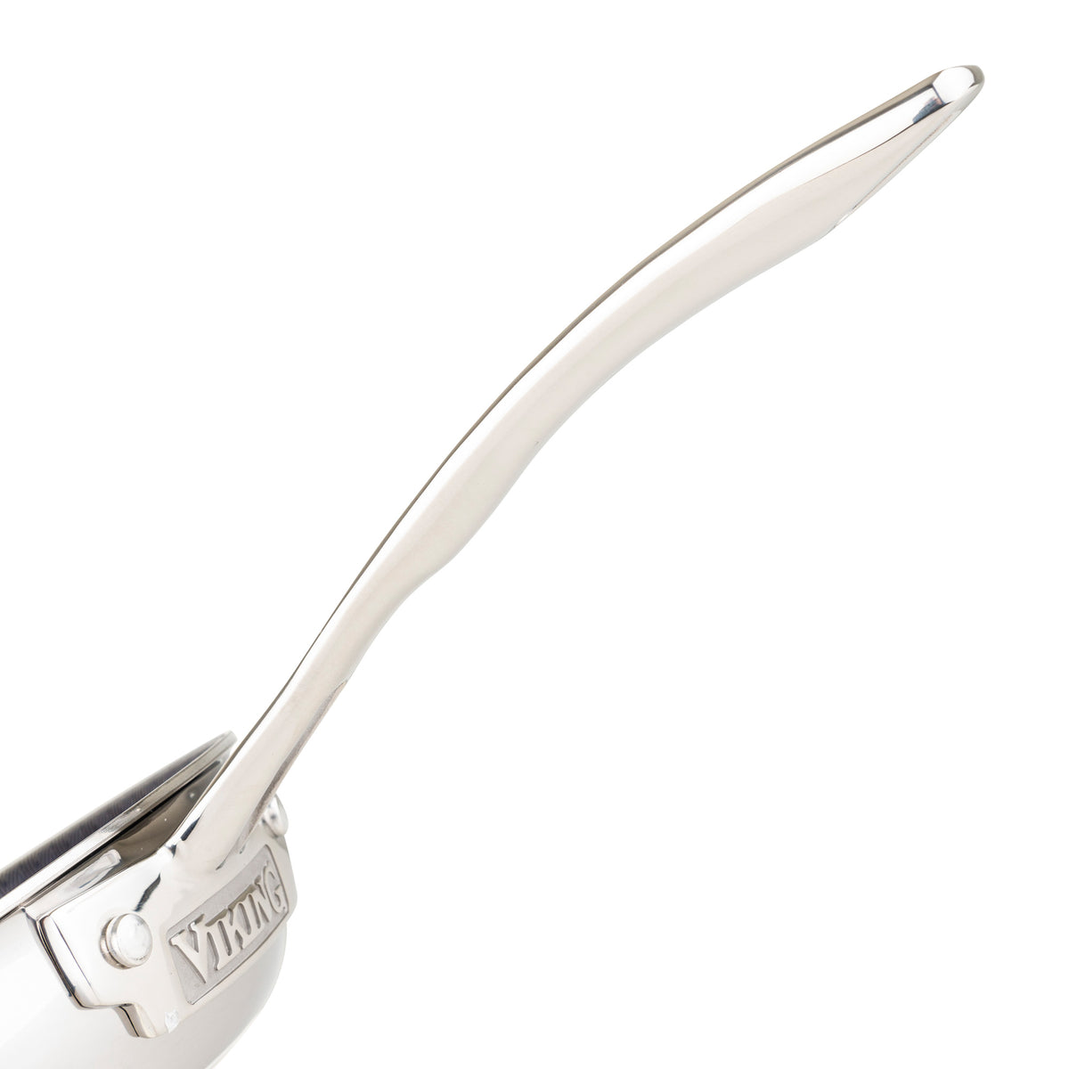 Close-up of the shiny stainless steel handle on the Viking 3-Ply Hybrid Plus 2 Pc Nonstick Fry Pan Set, with Viking Culinary Products engraved near the base. Set includes 9.5-inch and 11-inch pans.