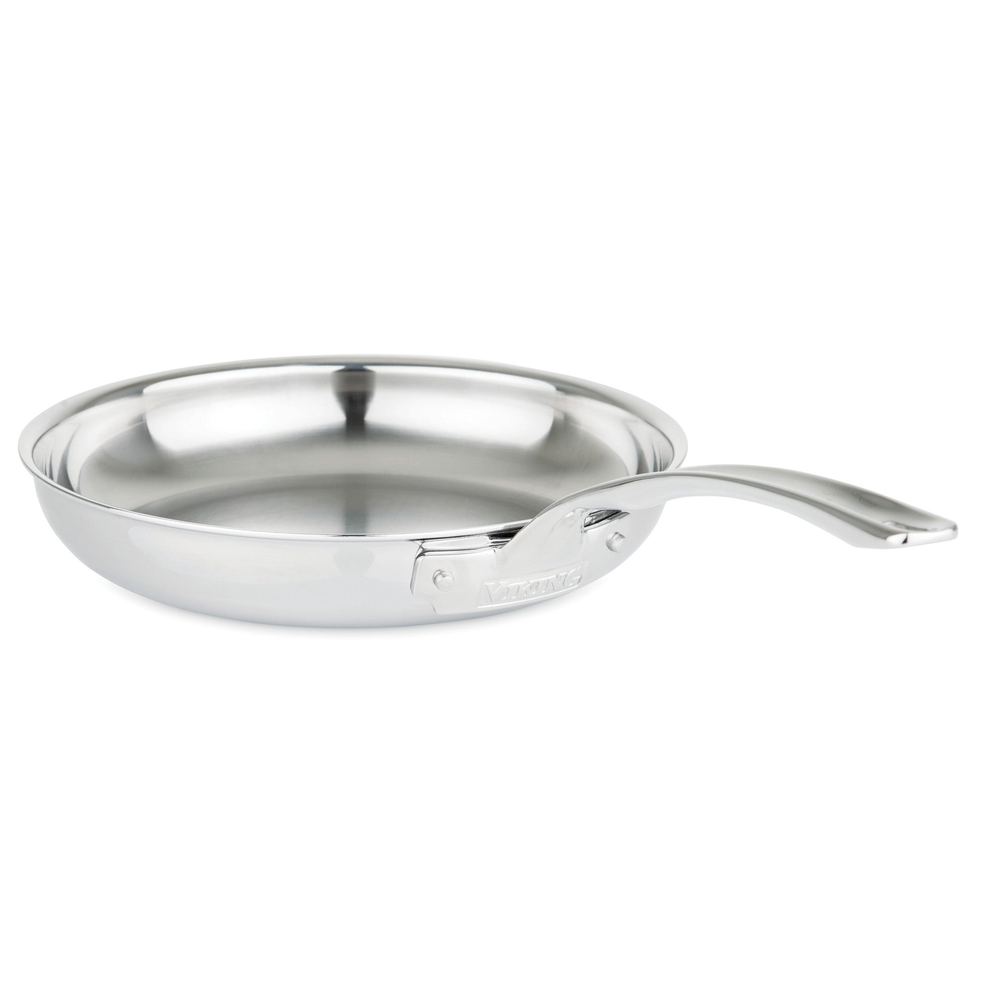 The Viking 3-Ply Stainless Steel 13-Piece Cookware Set with Glass Lids by Viking Culinary Products features shiny, durable pieces—including frying pans with curved handles—that are dishwasher safe and perfect for any kitchen.