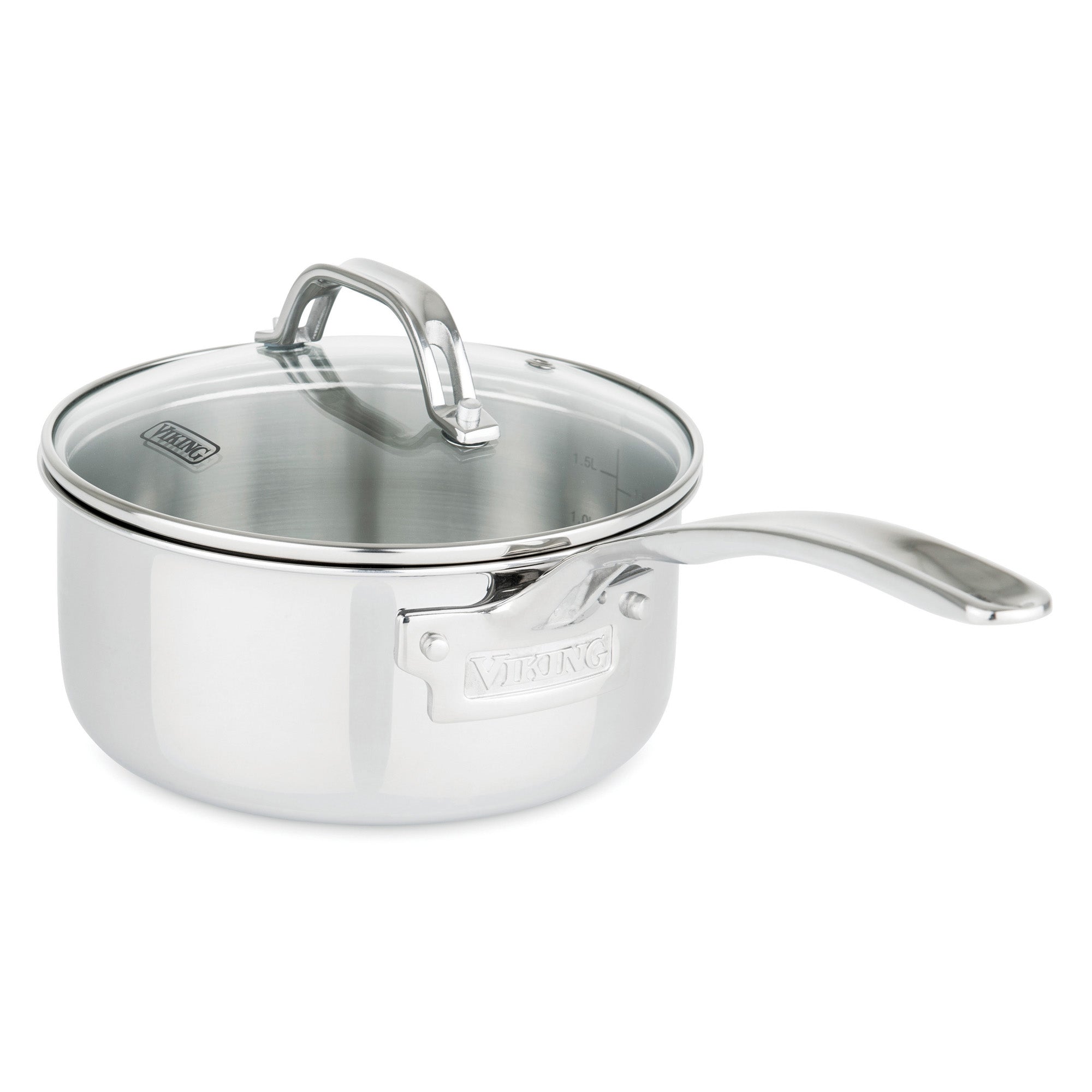 The Viking Culinary Products 3-Ply Stainless Steel 13-Piece Cookware Set features long handles, glass lids, and a highly reflective dishwasher-safe finish. The Viking logo is embossed on a metal plate on the side of each piece.