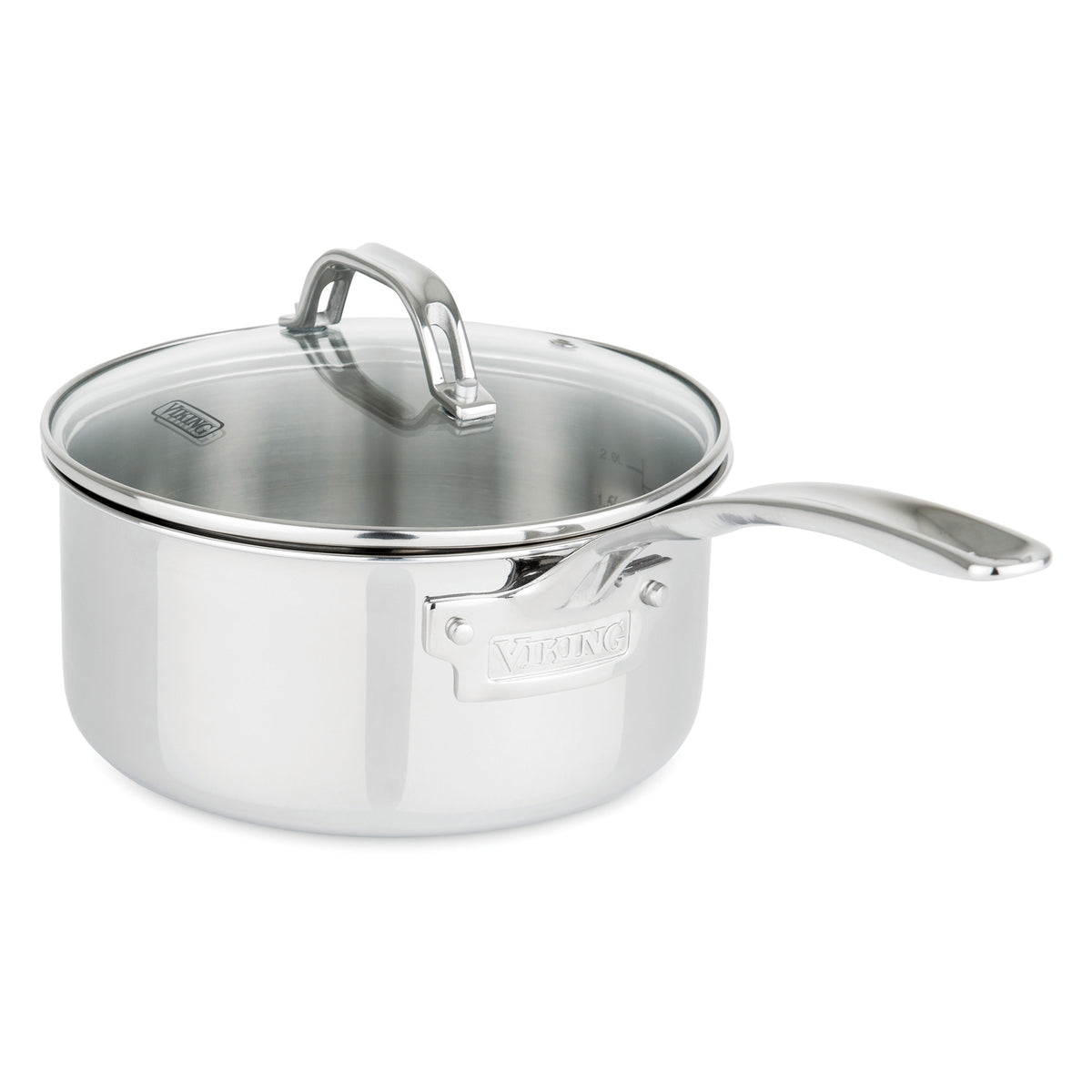 The Viking 3-Ply Stainless Steel 13-Piece Cookware Set from Viking Culinary Products includes shiny, dishwasher-safe pans with long handles and clear glass lids, shown against a plain white background.