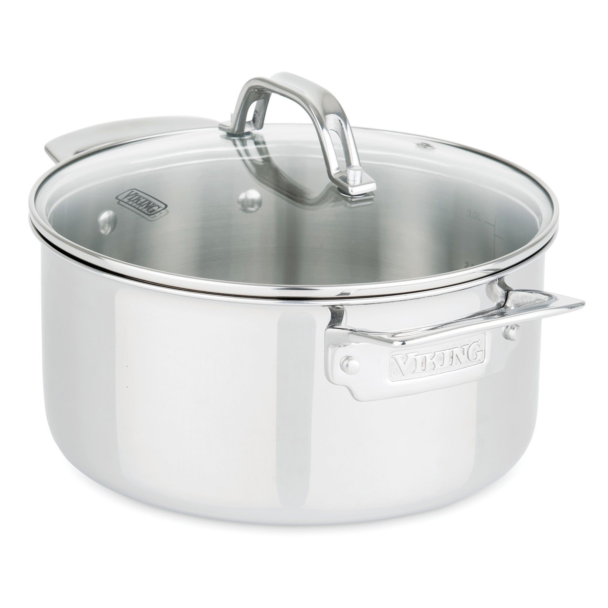 The Viking Culinary Products 3-Ply Stainless Steel 13-Piece Cookware Set features glass lids and metal handles, is dishwasher safe, and has the Viking brand logo embossed on each side handle—ideal for any kitchen.