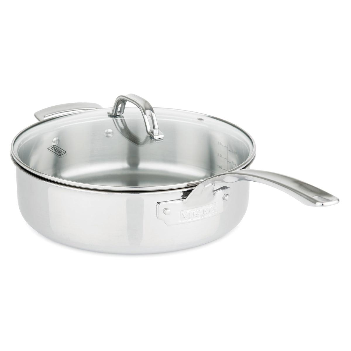The Viking 3-Ply Stainless Steel 13-Piece Cookware Set by Viking Culinary Products includes a sauté pan with a long handle, clear glass lid, interior measurement markings, polished finish, and is dishwasher safe for easy cleaning.