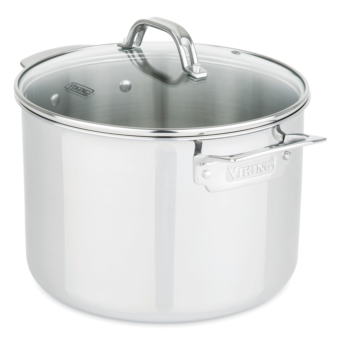 The Viking 3-Ply Stainless Steel 13-Piece Cookware Set by Viking Culinary Products includes glass lids and metal handles. Shown empty against a white background, this dishwasher safe set features the brand engraved on the side.