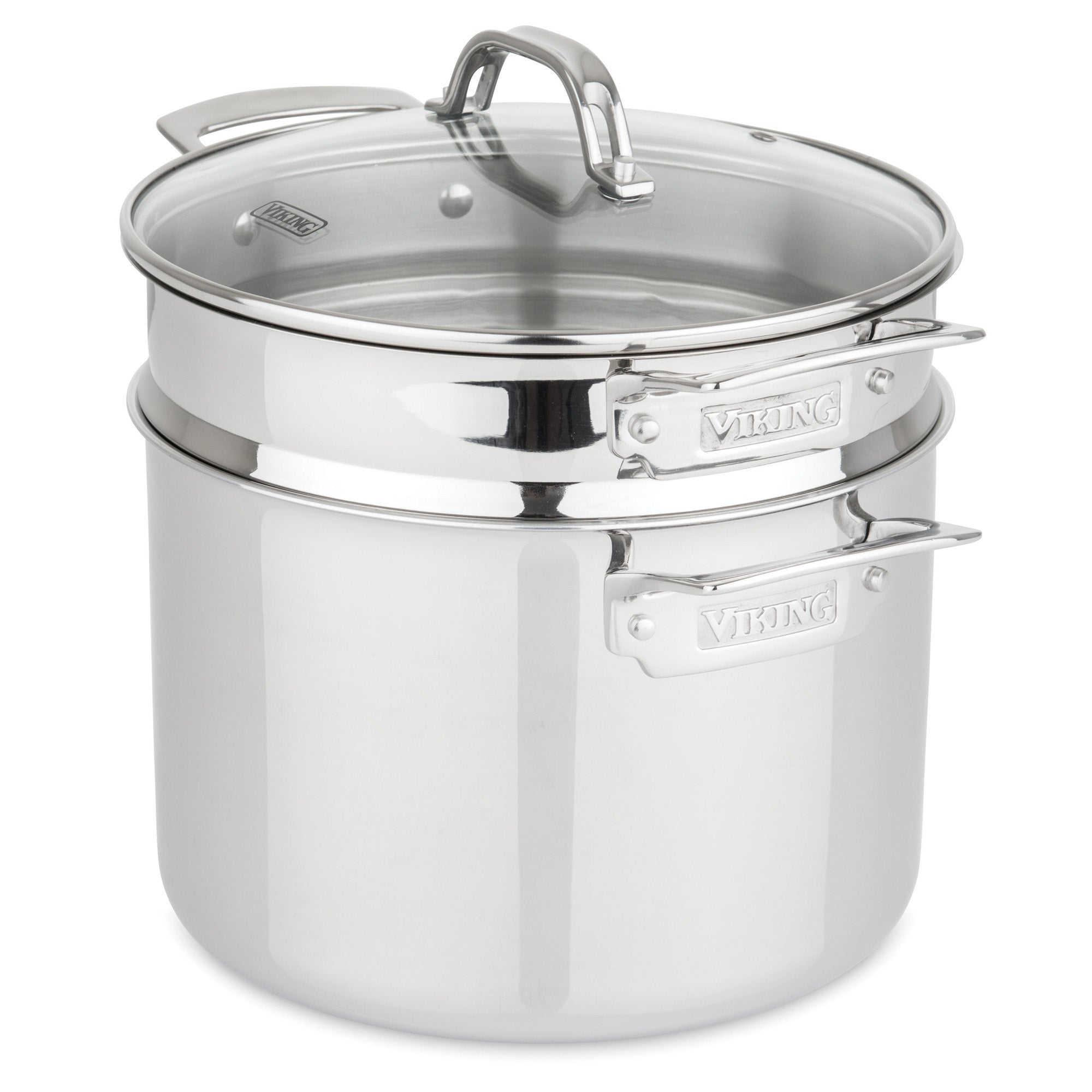 The Viking Culinary Products 3-Ply Stainless Steel 13-Piece Cookware Set includes glass lids, polished surfaces, two handles per pot, and is dishwasher safe for easy cleaning.