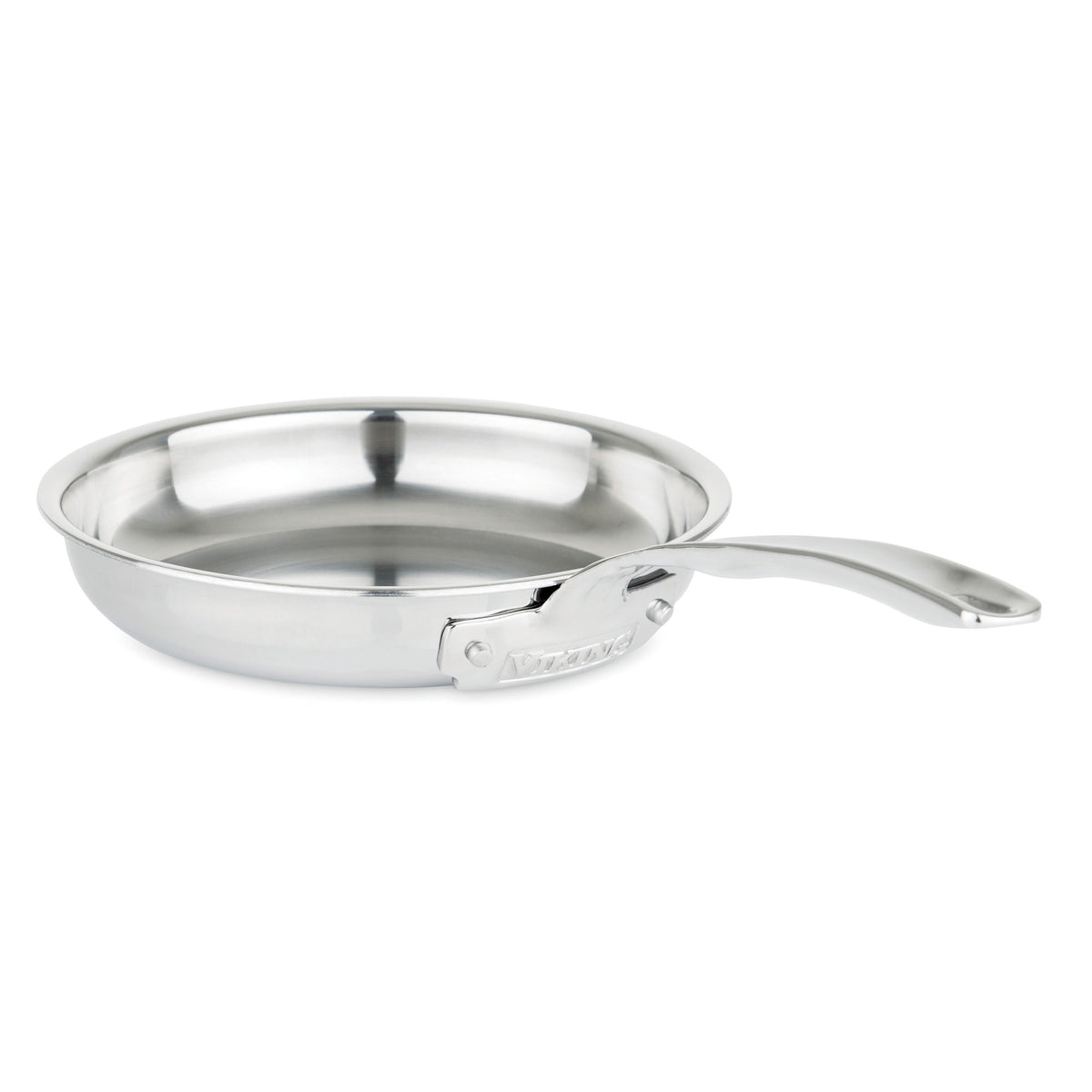 The Viking 3-Ply Stainless Steel 13-Piece Cookware Set with Glass Lids by Viking Culinary Products is displayed on a plain white background, featuring sleek stainless steel pieces with wide bases and curved handles.