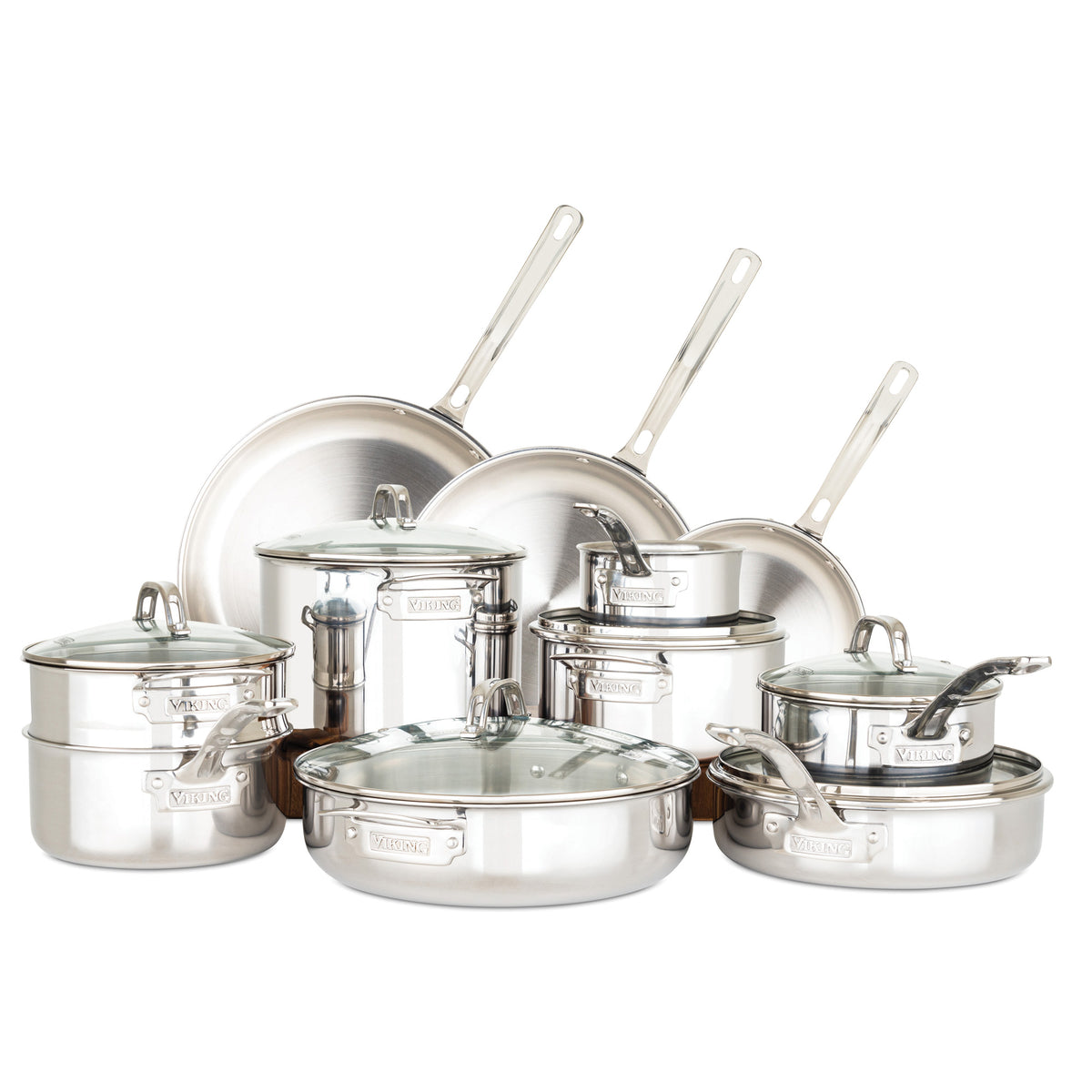 The Viking Culinary Products 3-Ply Stainless Steel 17-Piece Cookware Set features fry pans, saucepans, and pots with glass lids and Stay-Cool Handles, all arranged together on a white background.