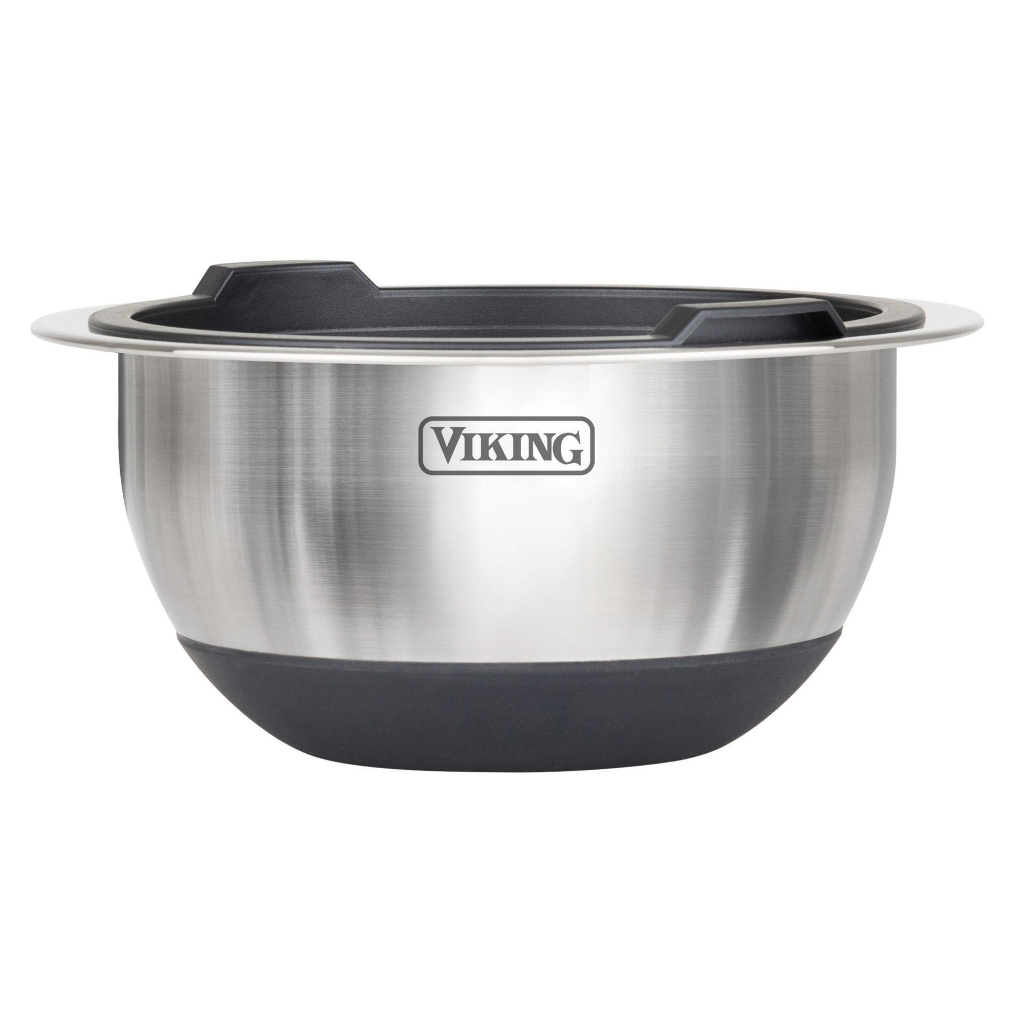 The Viking Culinary Products 10-Piece Stainless Steel Mixing Bowl Set with Lids, Black, features integrated rim handles for easy grip, a black silicone base for stability, and showcases the Viking logo on the front.