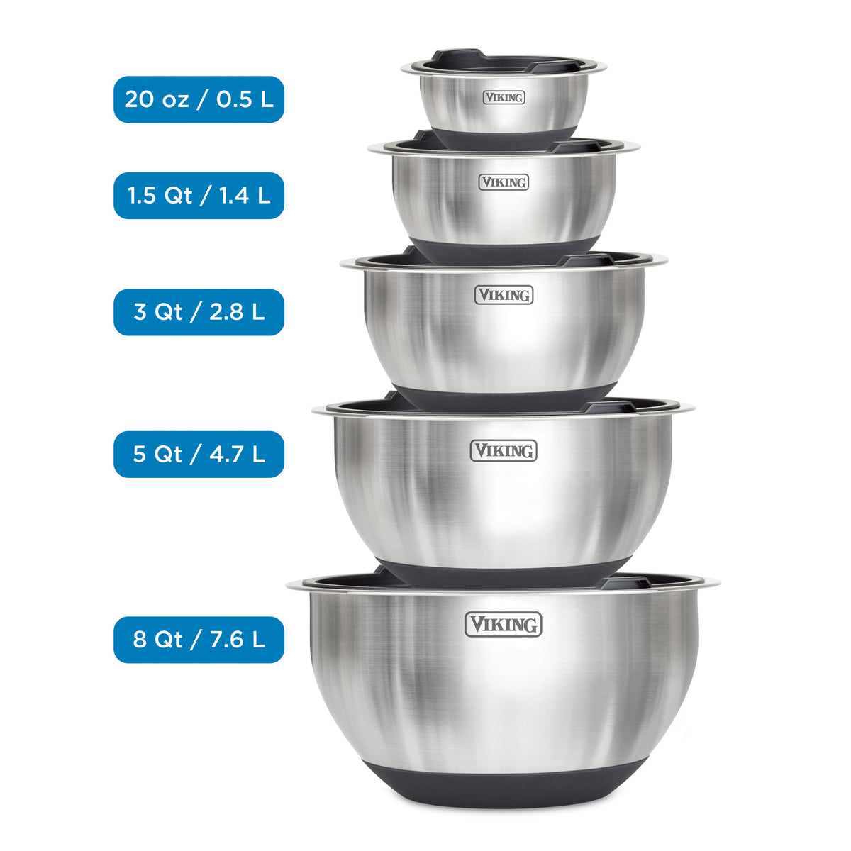 The Viking 10-Piece Stainless Steel Mixing Bowl Set with Lids by Viking Culinary Products includes five nesting bowls with silicone bases and labeled capacities (20 oz, 1.5 Qt, 3 Qt, 5 Qt, 8 Qt), plus airtight lids for secure storage.