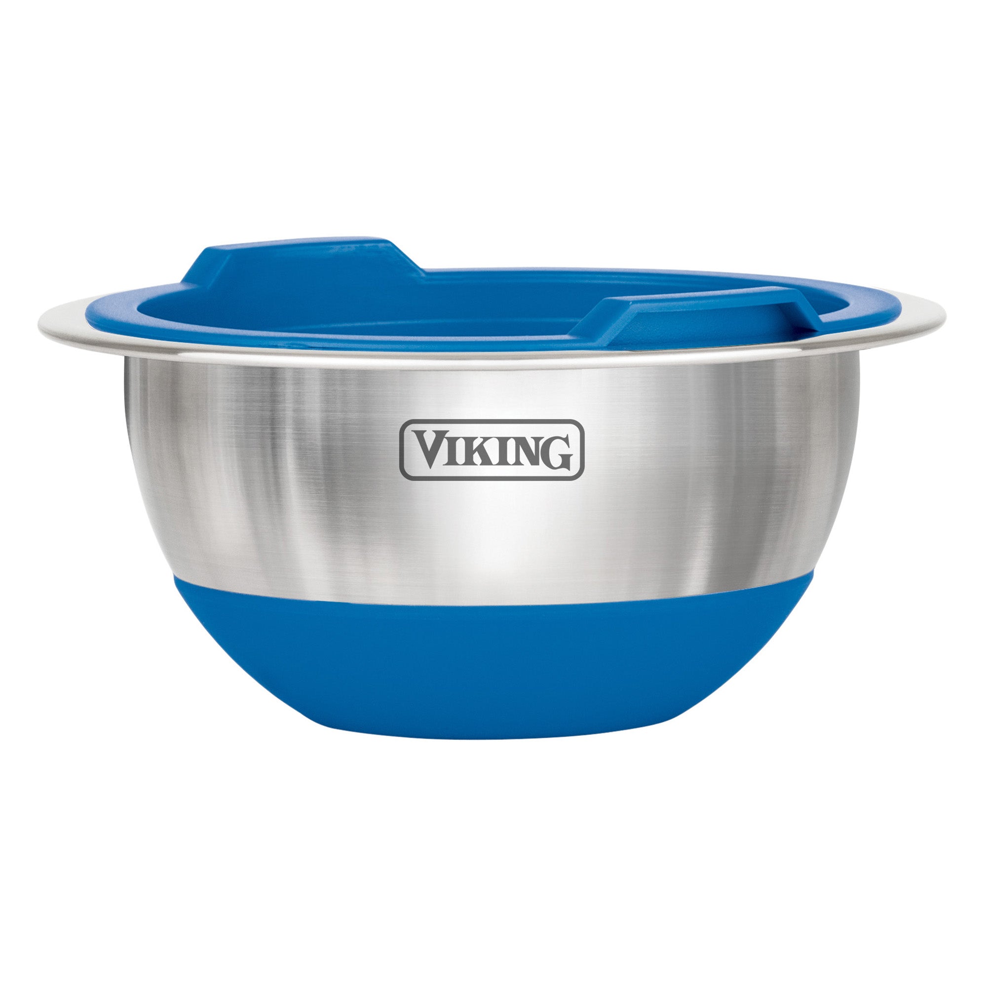 The Viking 10-Piece Stainless Steel Mixing Bowl Set with Lids from Viking Culinary Products features blue silicone bases, blue airtight lids, and the Viking logo on the side.