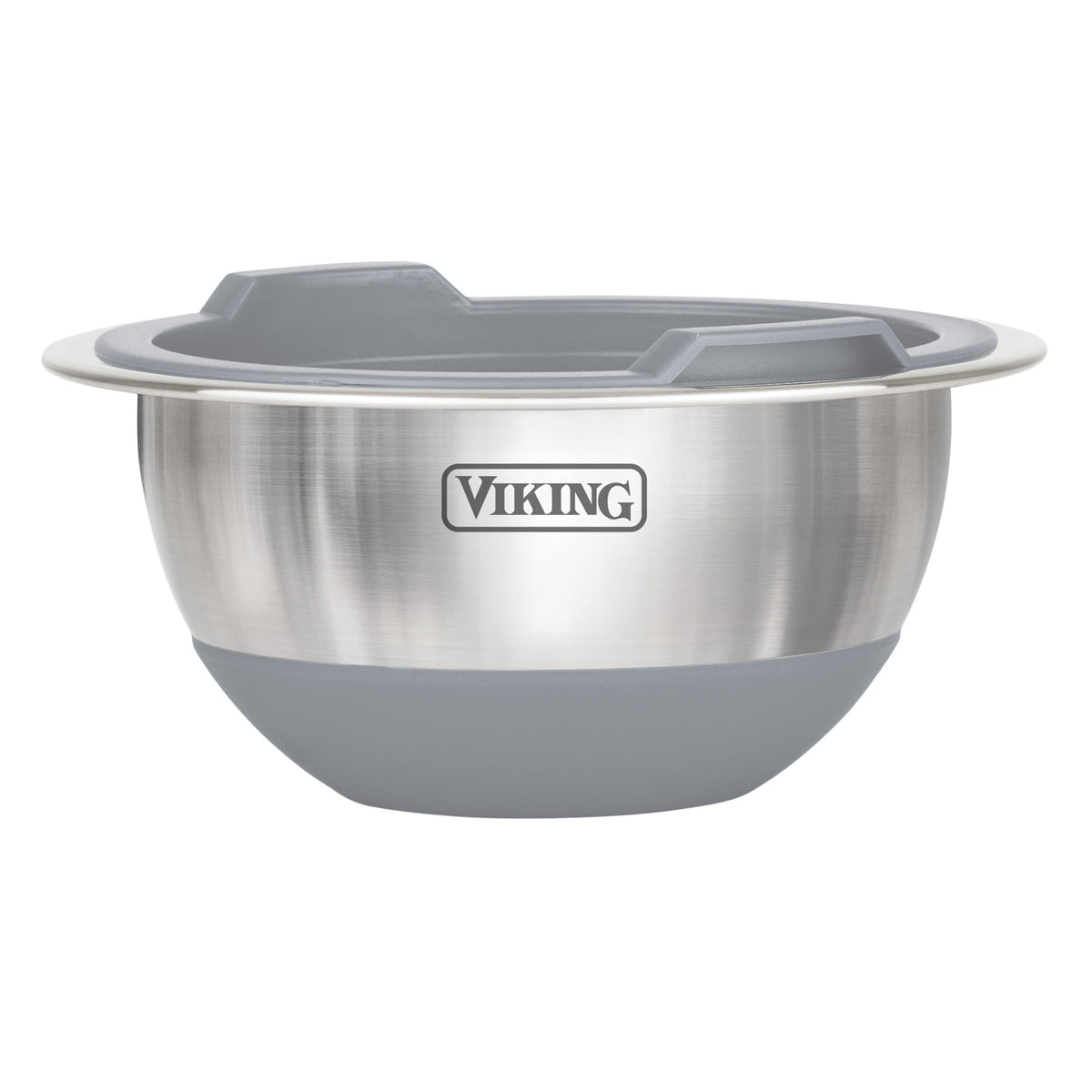 The Viking 10-Piece Stainless Steel Mixing Bowl Set with Lids by Viking Culinary Products features gray silicone bases and handles, the Viking logo, and includes nesting bowls for convenient storage.