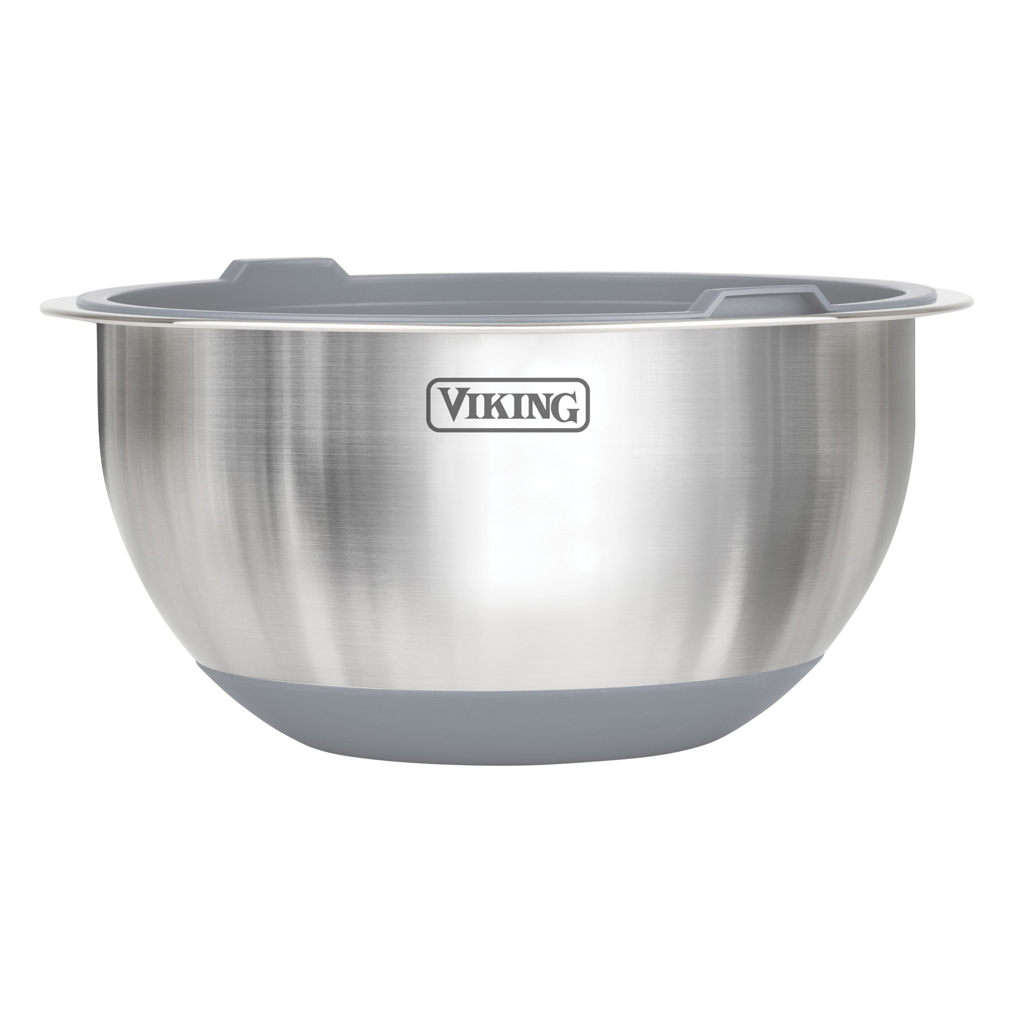 The Viking 10-Piece Stainless Steel Mixing Bowl Set with Lids by Viking Culinary Products features a brushed finish, gray non-slip grips and base, the Viking logo, and is designed for compact storage with other mixing bowls.