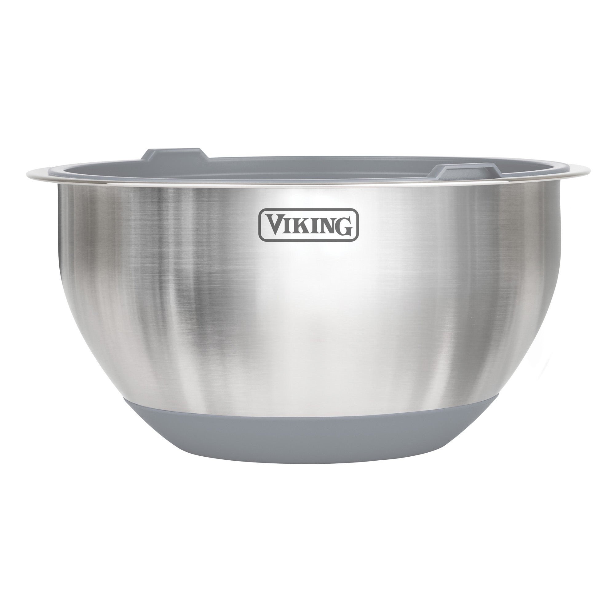 The Viking 10-Piece Stainless Steel Mixing Bowl Set with Lids, Gray by Viking Culinary Products features a non-slip base and logo on the front. Photographed against a white background, these bowls are designed for compact storage in any kitchen.