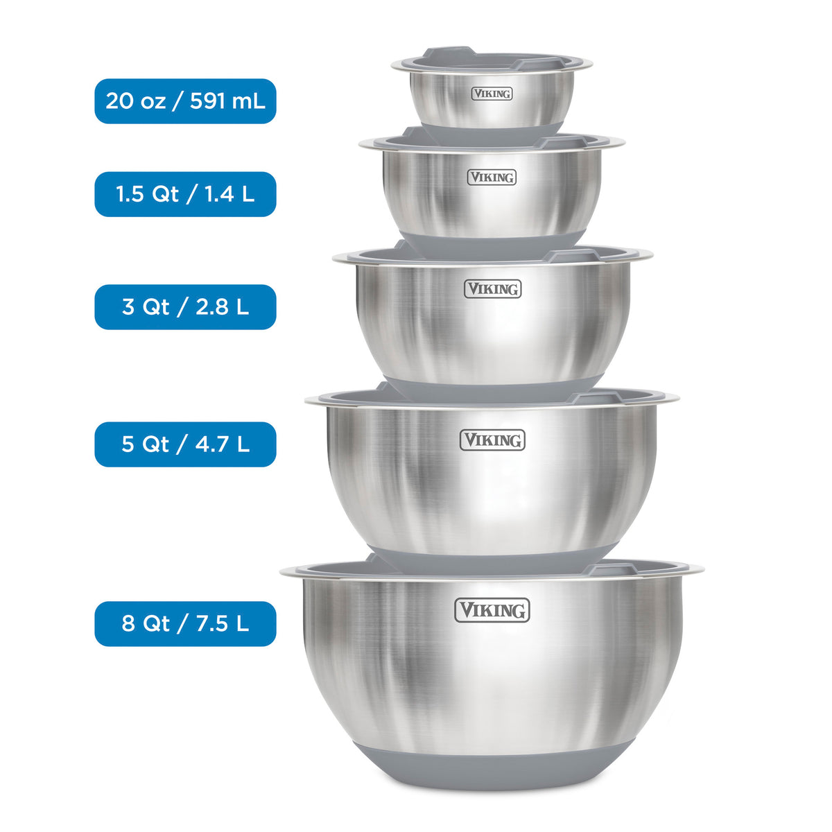 The Viking Culinary Products 10-piece stainless steel mixing bowl set with lids, gray, features five nesting bowls with silicone bases labeled with capacities: 20 oz/591 mL, 1.5 Qt/1.4 L, 3 Qt/2.8 L, 5 Qt/4.7 L, and 8 Qt/7.5 L.