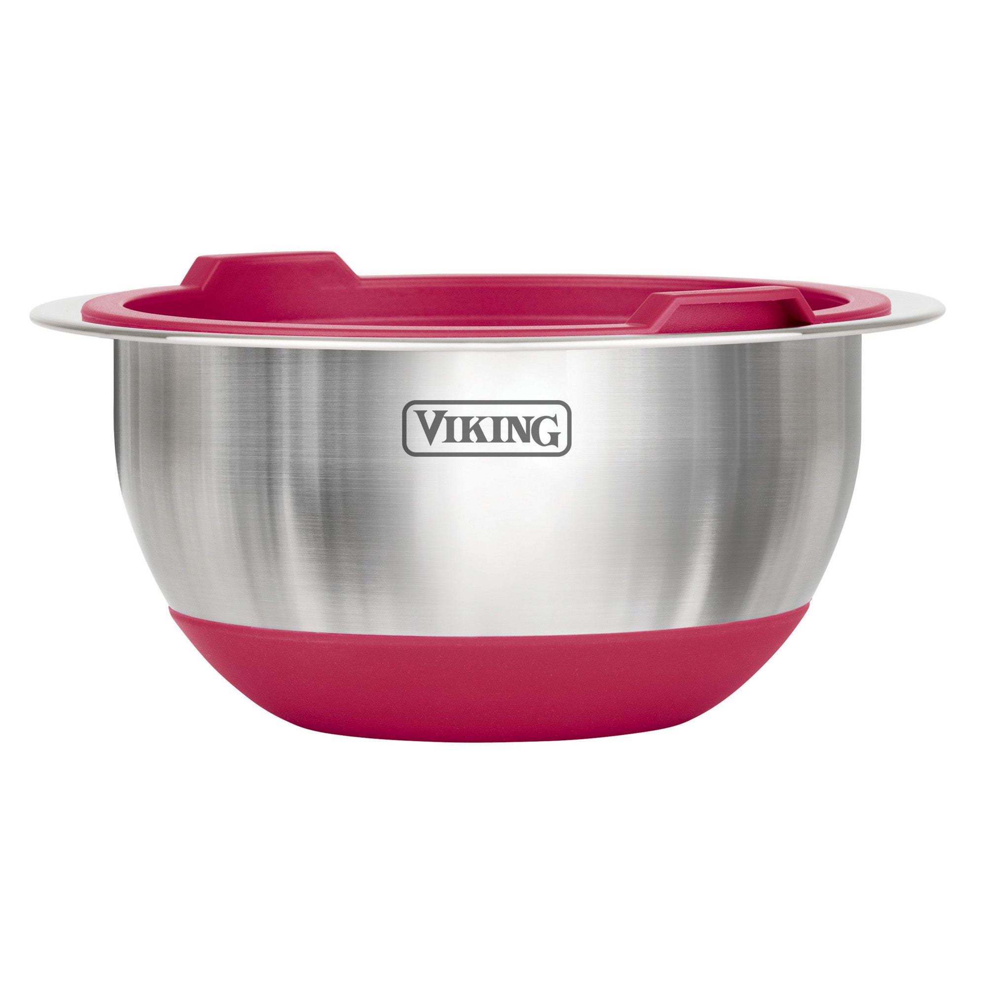 The Viking 10-Piece Stainless Steel Mixing Bowl Set with Lids by Viking Culinary Products features red silicone bases and matching rims for added stability and grip. This versatile, nesting set is shown against a white background.
