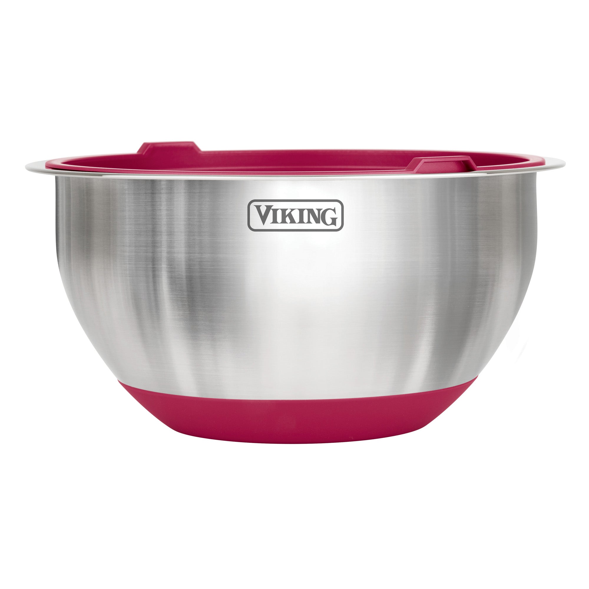 The Viking 10-Piece Stainless Steel Mixing Bowl Set with Lids by Viking Culinary Products features red non-slip bases, interior rims, and the VIKING logo; bowls nest together for efficient storage.