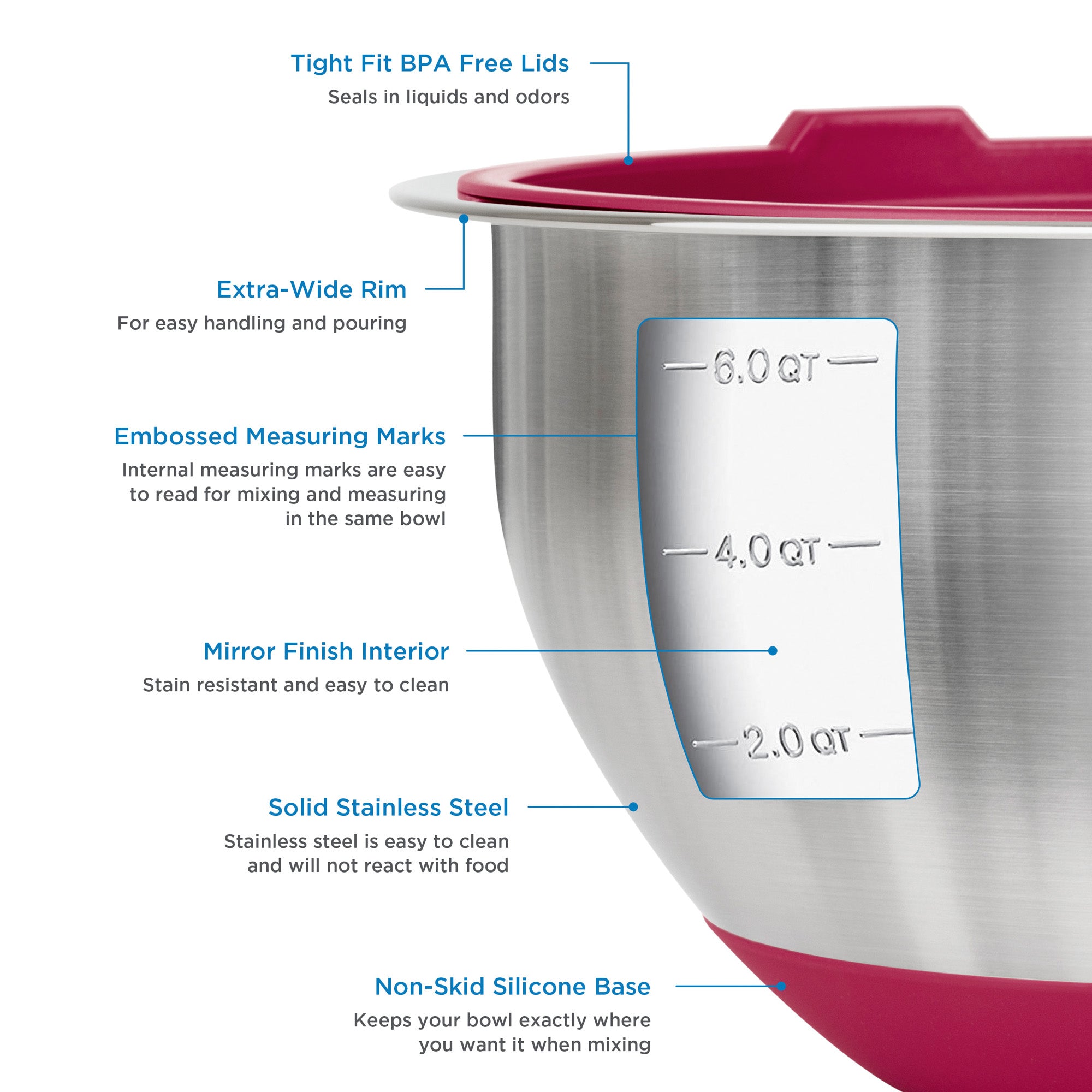 The Viking 10-Piece Stainless Steel Mixing Bowl Set with Lids by Viking Culinary Products features a red non-skid silicone base, airtight lid, extra-wide rim, embossed measurements, mirror-finish interior, and solid build.