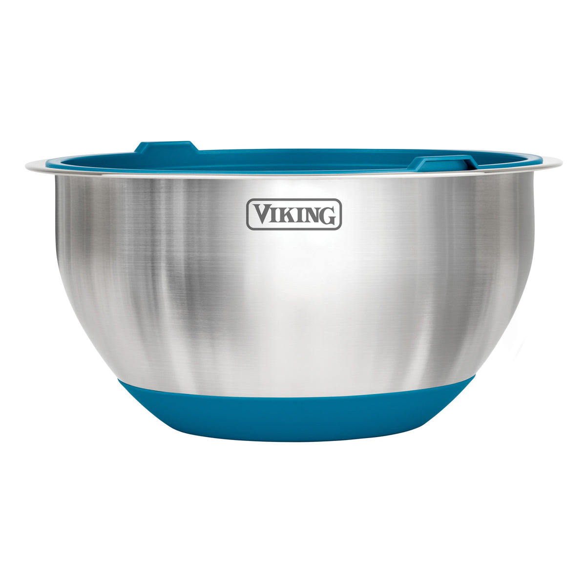 The Viking 10-Piece Stainless Steel Mixing Bowl Set with Lids by Viking Culinary Products features teal non-slip bases and rims, the Viking logo on the side, and is designed for compact storage and easy stacking with other bowls.