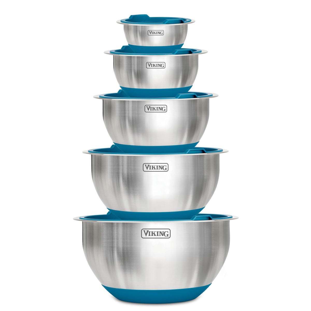 The Viking Culinary Products 10-piece stainless steel mixing bowl set with teal airtight lids and non-slip bases stacks compactly from largest to smallest, with the Viking logo visible on each bowl.