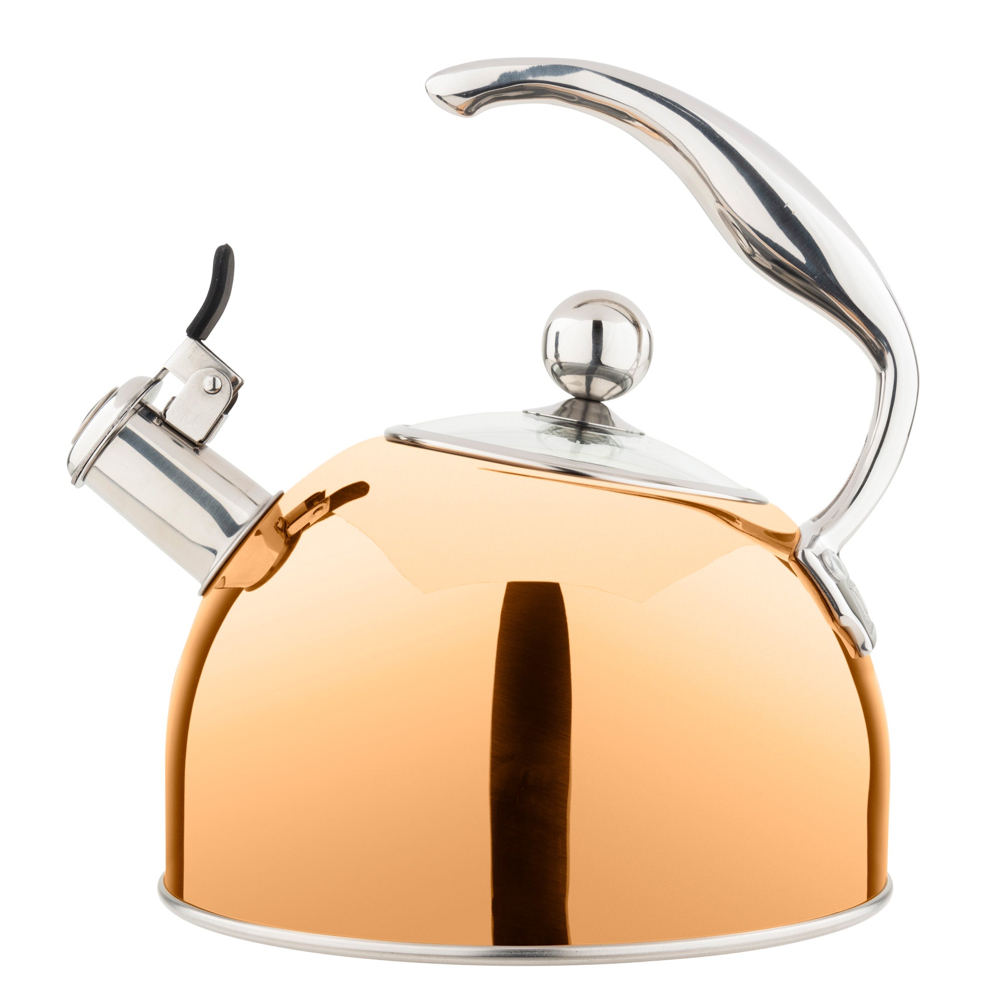 The Viking Culinary Products 2.6-Quart Rose Gold Stainless Steel Whistling Kettle features a curved silver handle and spout with lever, a round silver knob on the lid, and a sleek finish—perfect for induction stovetops.