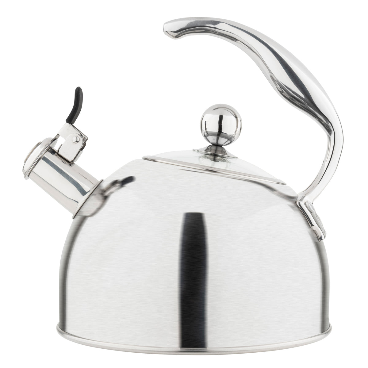 The Viking 2.6-Quart Satin Finish Stainless Steel Whistling Kettle by Viking Culinary Products features a curved handle, round lid, and a spout with black lever—its modern design suits any kitchen.