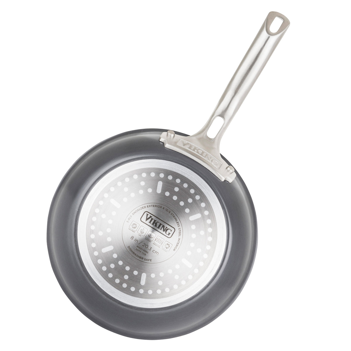 A Viking Culinary Products 5-Ply 10-Piece Hard Anodized Stainless Steel fry pan is shown from above, featuring the brand logo and text on its induction-compatible base with circular patterns, plus a long attached metal handle.