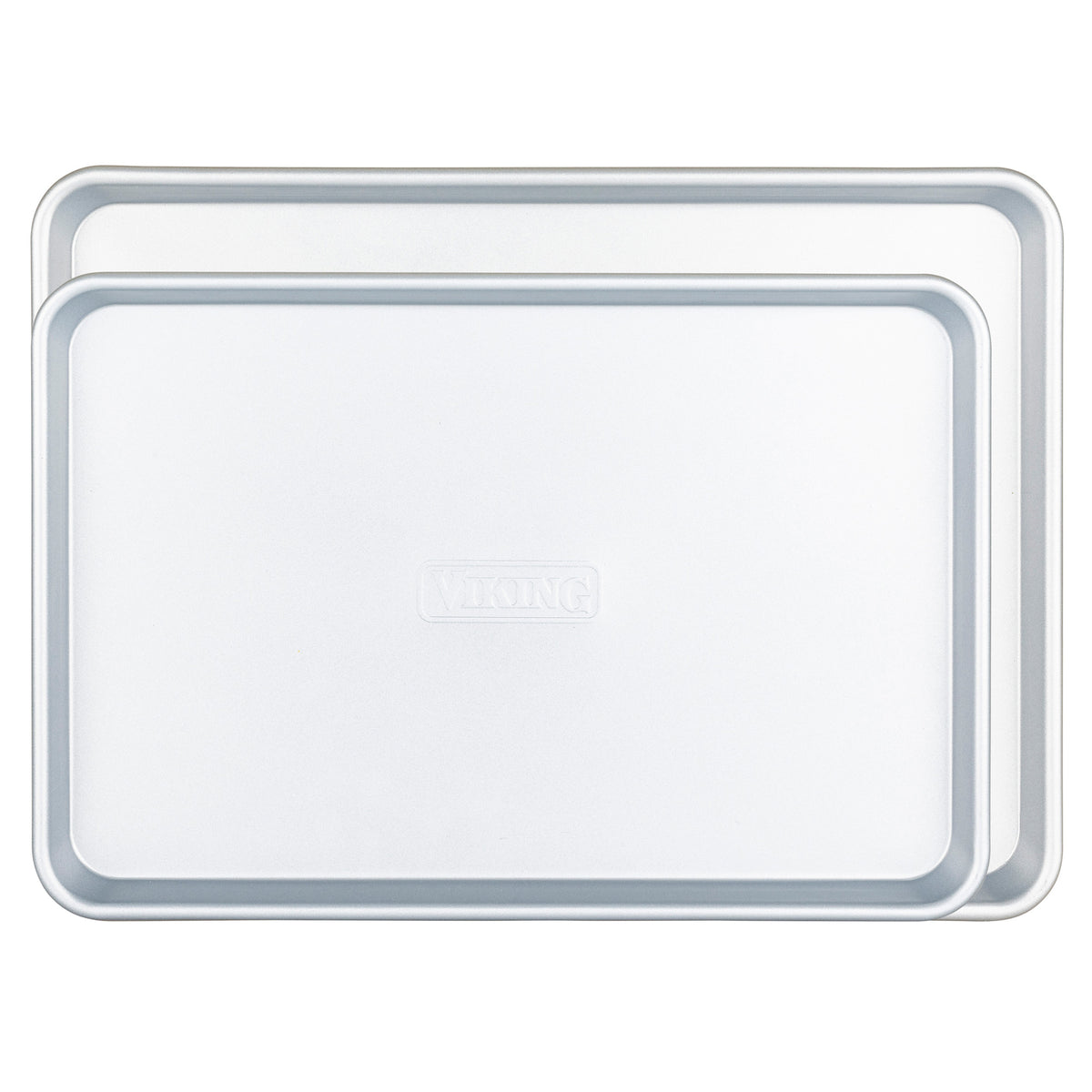 The Viking Culinary Products 2-Piece Nonstick Aluminized Steel Baking Sheet Set features two silver sheets embossed with VIKING, stacked together and shown on a plain white background for excellent heat conductivity.