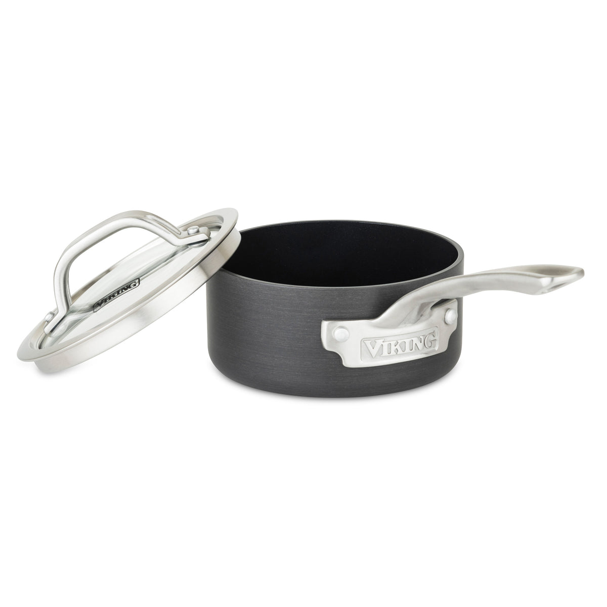Viking Culinary Products Hard Anodized Nonstick 1-Quart Sauce Pan with stainless steel handle and tempered glass lid shown on a white background.
