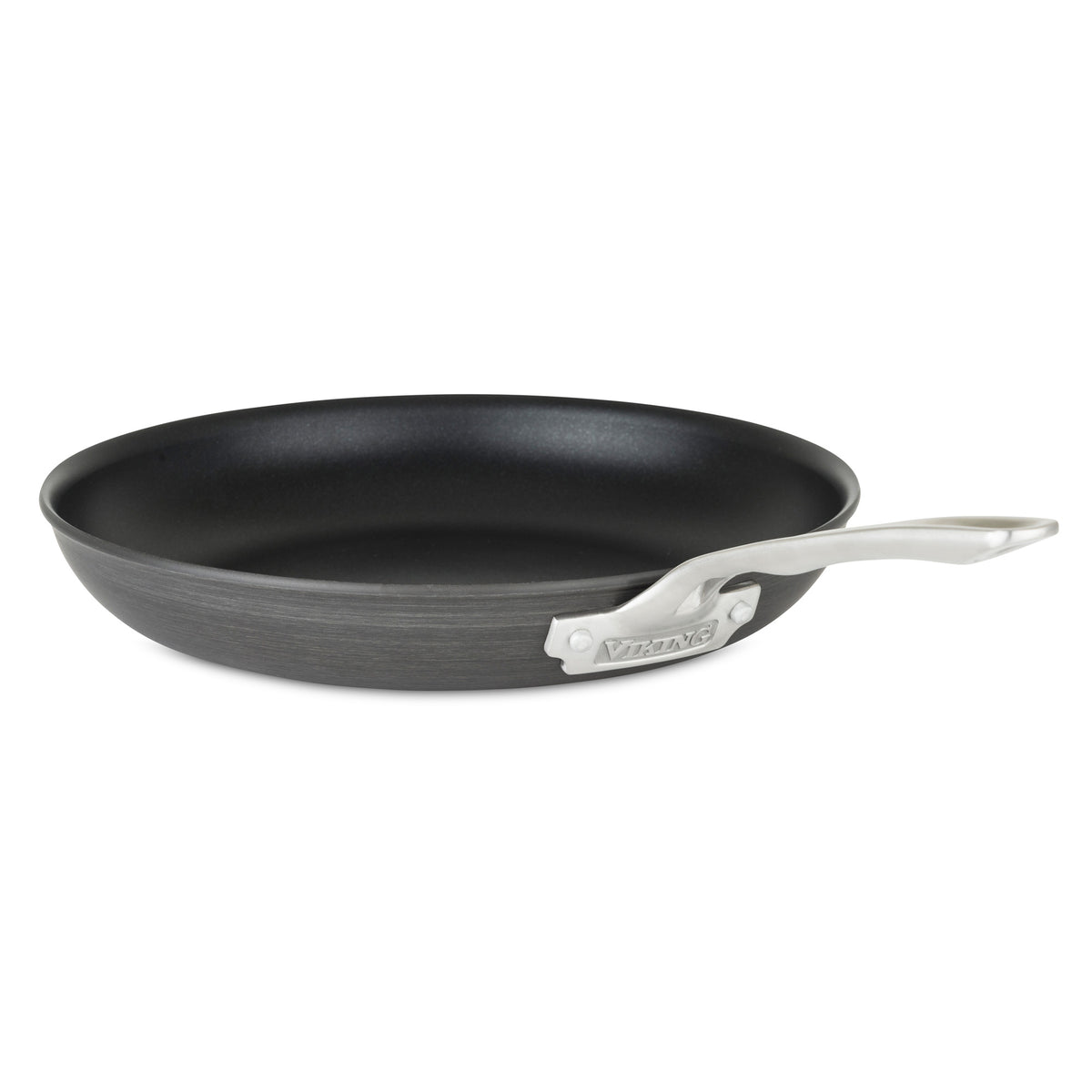 The Viking Culinary Products Viking Hard Anodized Nonstick 10-Piece Cookware Set with Glass Lids features a nonstick pan with a dark interior and a long, silver handle inspired by Viking Handles, shown on a white background.