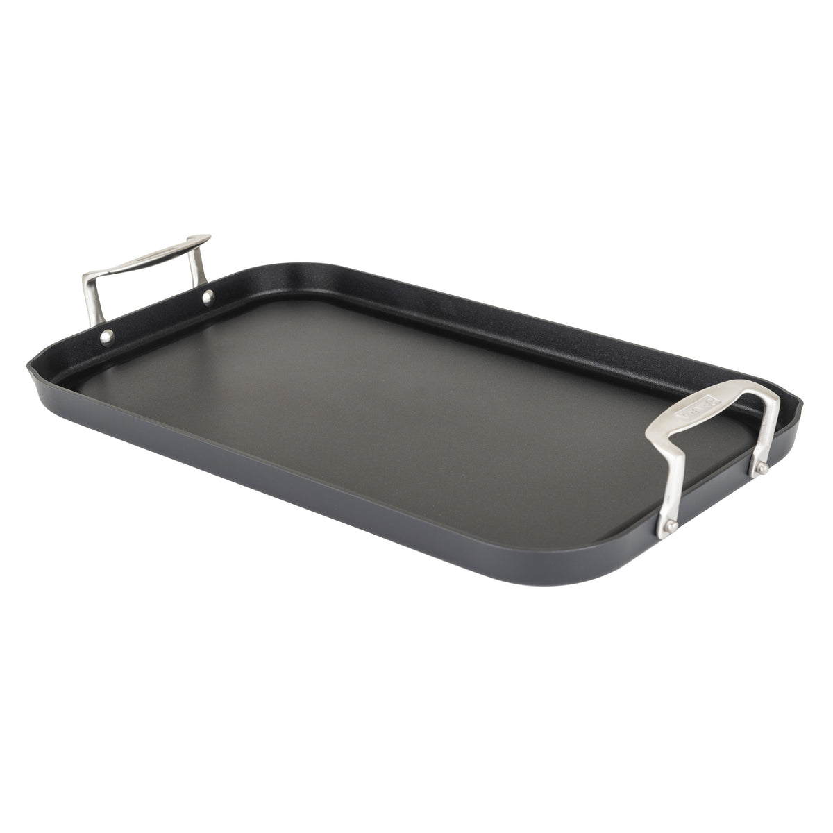 The Viking Hard Anodized Nonstick Double Burner Griddle by Viking Culinary Products features raised edges, dual metal handles, and a rectangular anodized aluminum design, shown on a white background.