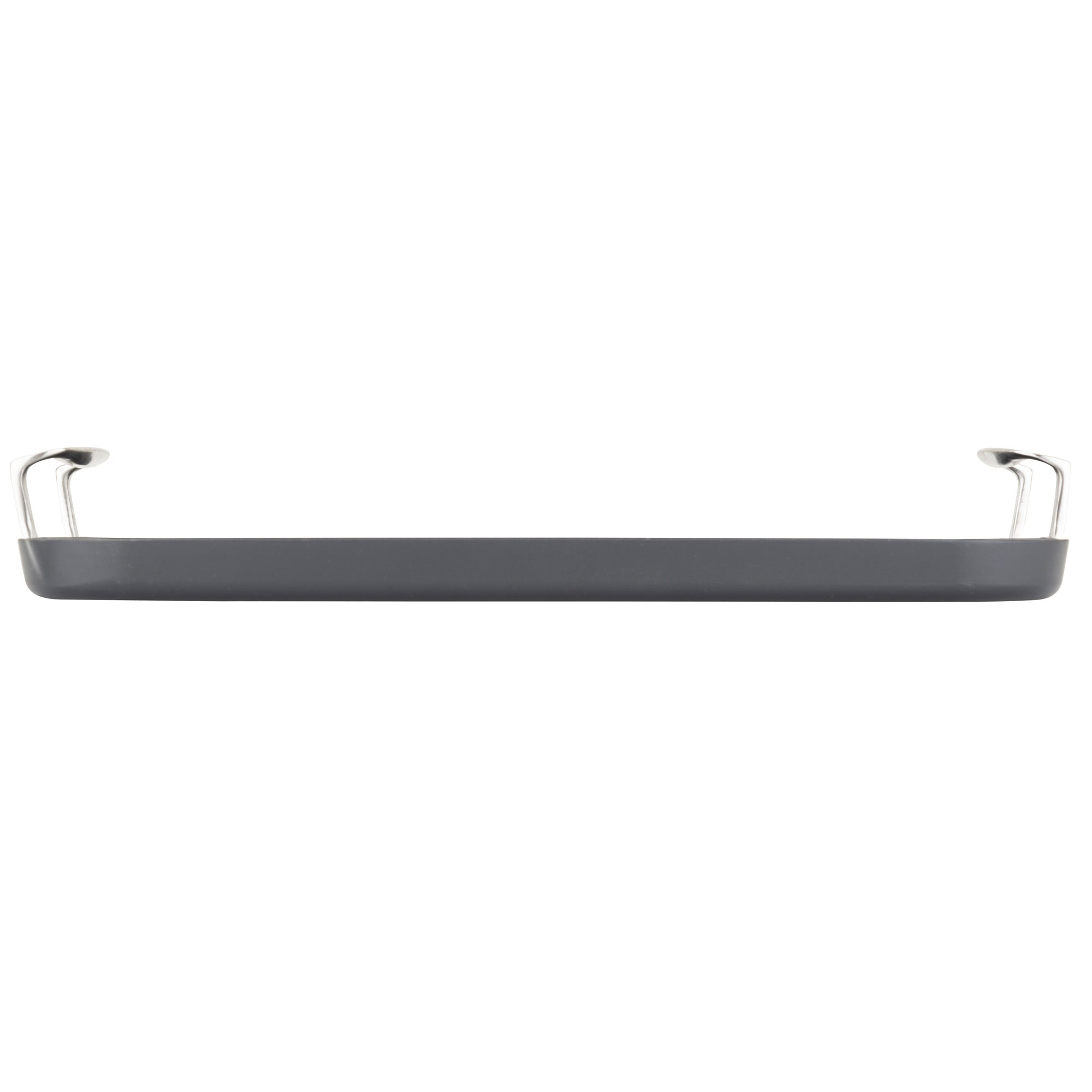 The Viking Hard Anodized Nonstick Double Burner Griddle from Viking Culinary Products features a gray rectangular design with two short, curved metal handles on each side, made from durable anodized aluminum and shown from the side on a white background.
