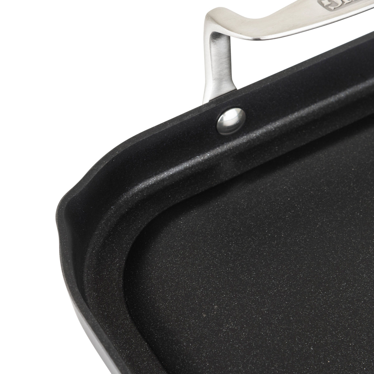 Close-up of the Viking Hard Anodized Nonstick Double Burner Griddle by Viking Culinary Products, featuring a textured nonstick cooking surface, stainless steel handle with metal rivet, and anodized aluminum construction on a white background.