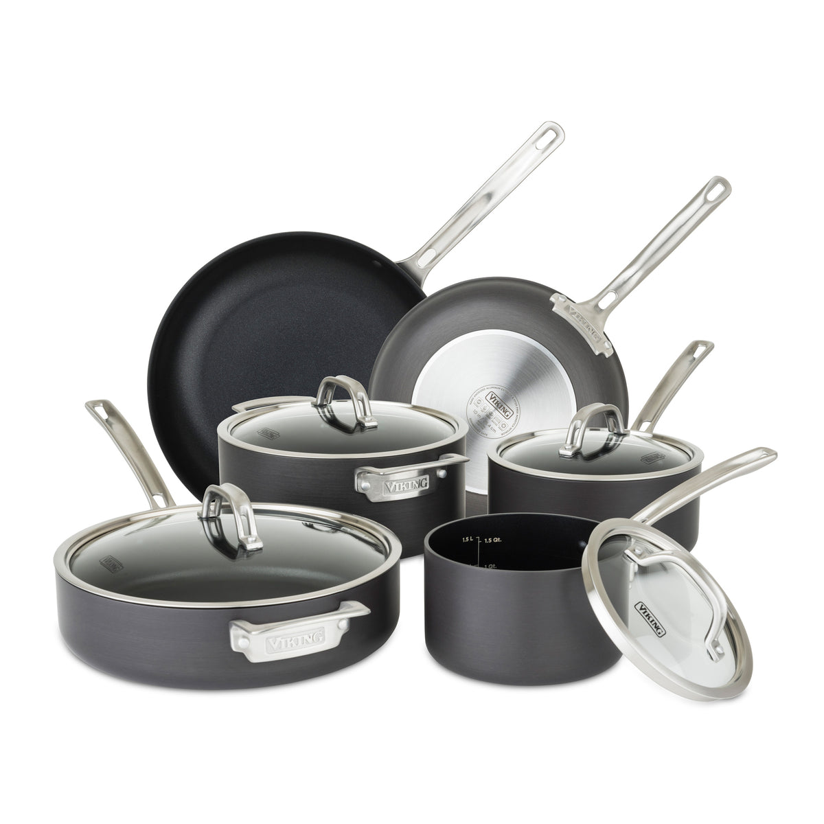 The Viking Culinary Products Hard Anodized Nonstick 10-Piece Cookware Set with glass lids features frying pans, saucepans, and a sauté pan with Viking handles, all displayed on a white background.