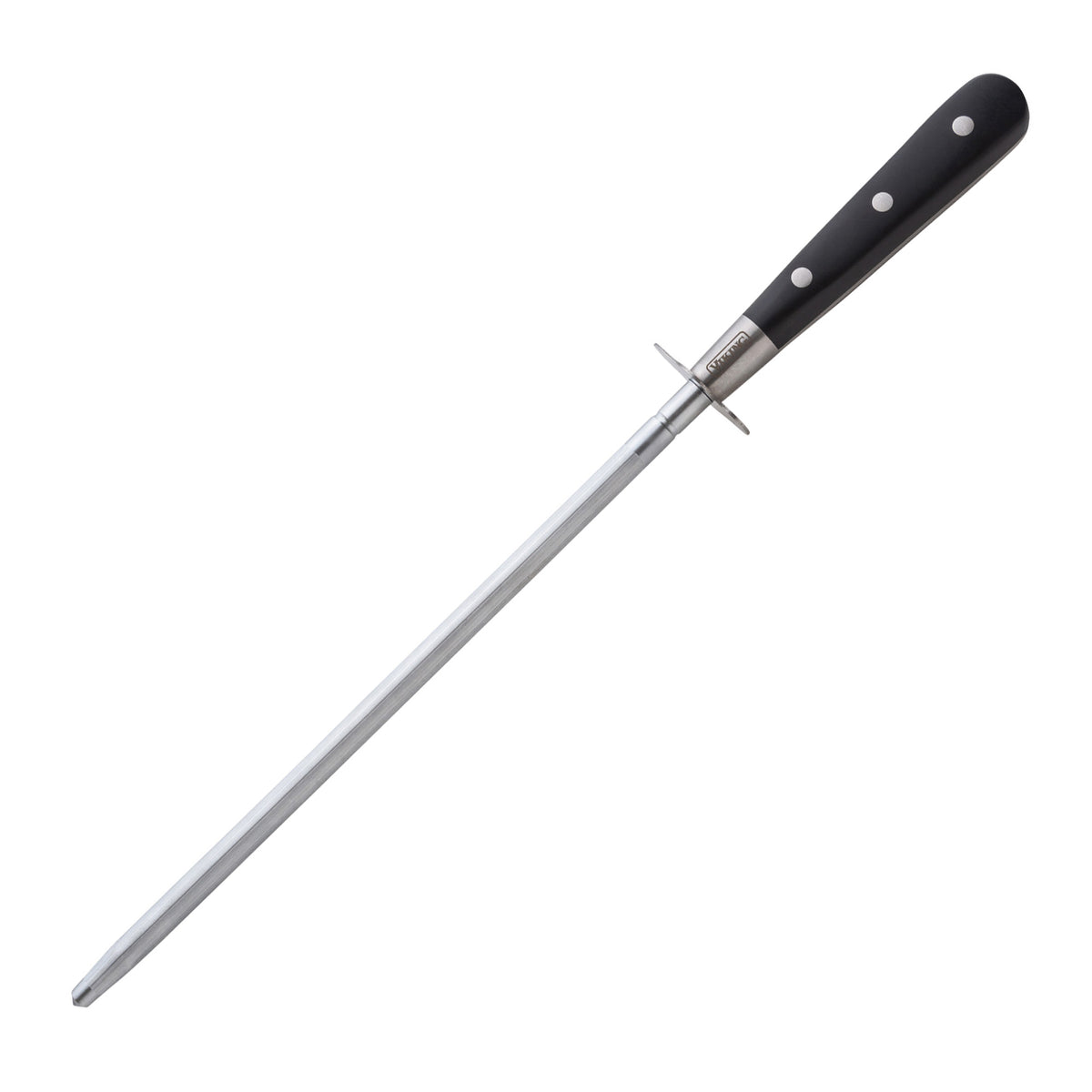The Viking 15-Piece Stainless Steel Cutlery Set by Viking Culinary Products features a black-handled honing rod with guard, ideal for sharpening kitchen knives or maintaining your chefs knife, shown isolated on a white background.