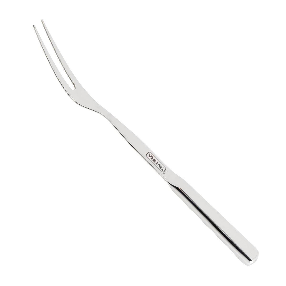 The Viking Culinary Products 8-Piece Stainless Steel Utensil Set includes a carving fork with two long tines and a straight, ergonomic handle, featuring the Viking brand engraved on the side.
