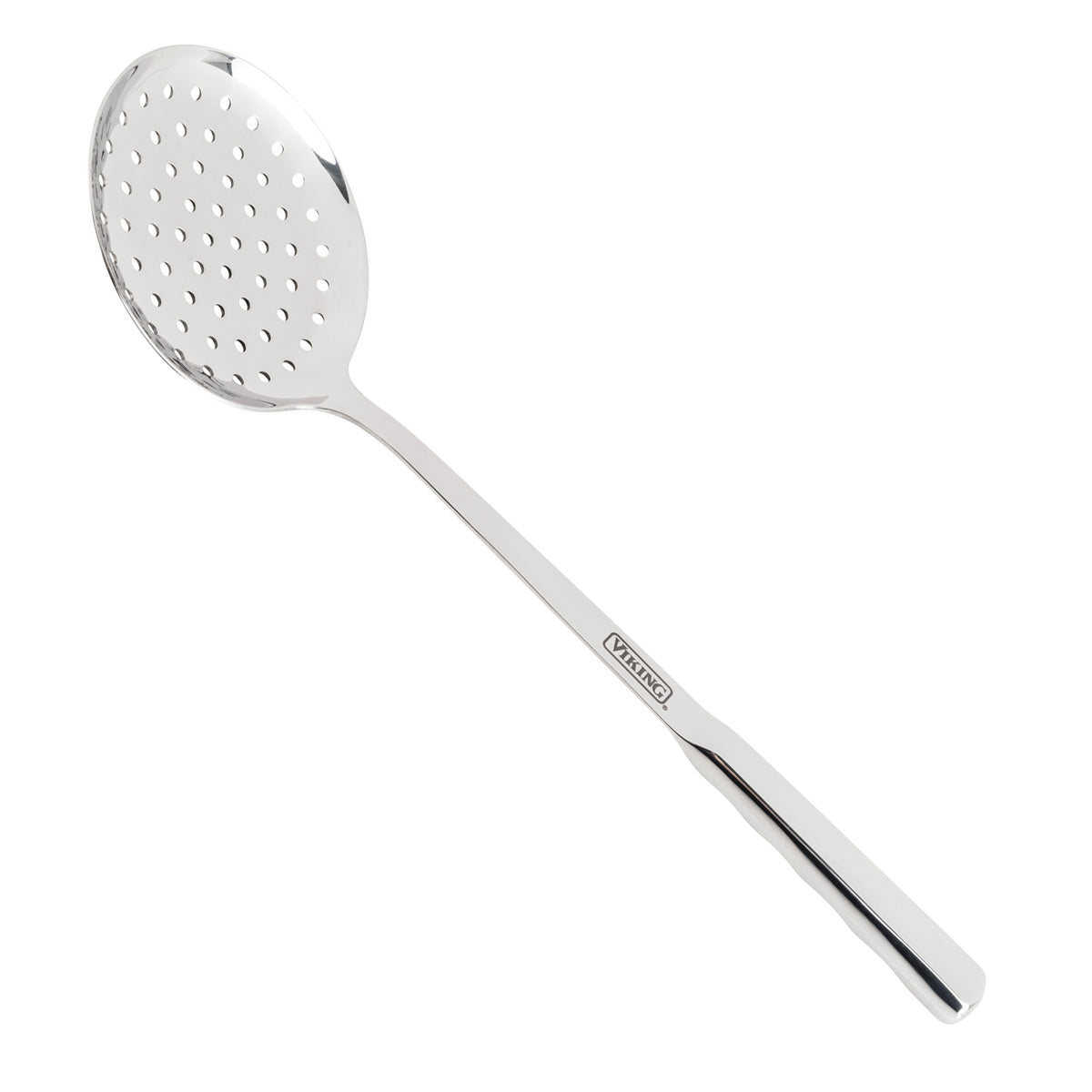 The Viking 8-Piece Stainless Steel Utensil Set from Viking Culinary Products includes a skimmer spoon with a long handle and perforated head, making it an essential tool for lifting or straining food in any ergonomic kitchen.
