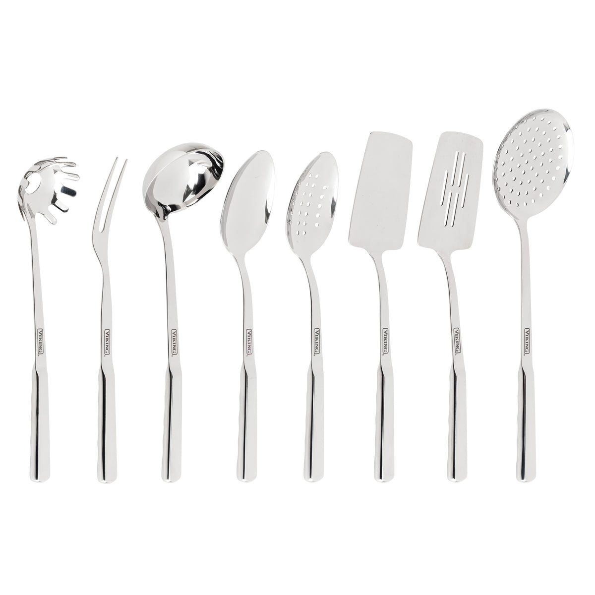 The Viking 8-Piece Stainless Steel Utensil Set from Viking Culinary Products features ergonomic, dishwasher-safe kitchen tools like a pasta server, ladle, and carving fork—stylish essentials kept upright for easy access.
