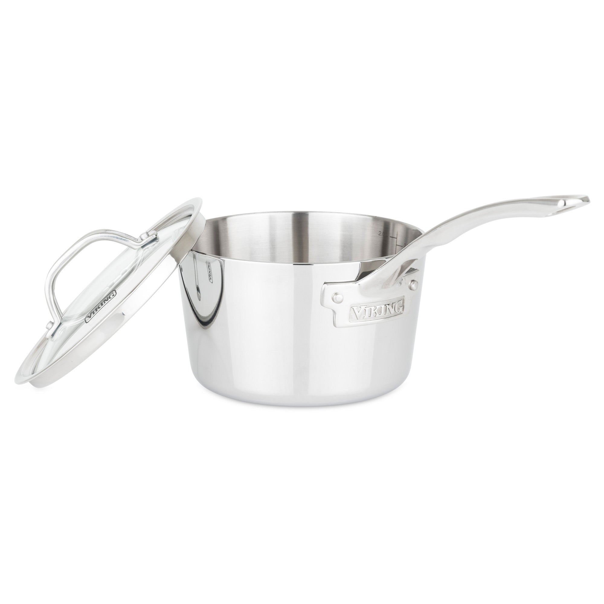A Viking Culinary Products Contemporary 3-Ply Stainless Steel 7-Piece Cookware Set with glass lids, shown with a polished saucepan and matching lid, features induction compatibility and sleek, long handles.