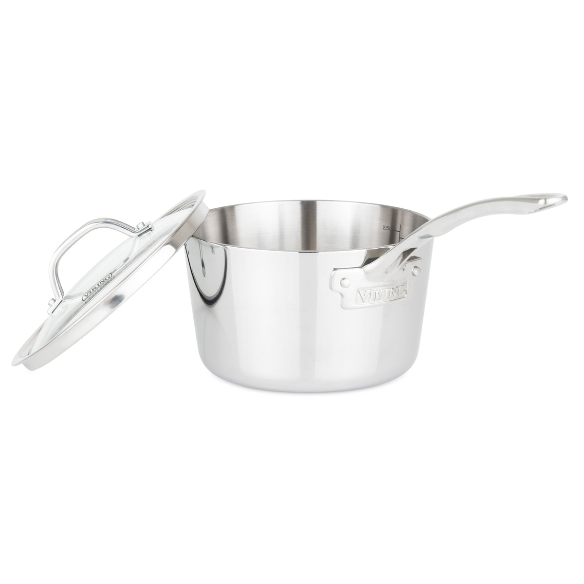 The Viking Contemporary 3-Ply 3.4-Quart Sauce Pan from Viking Culinary Products features a reflective stainless steel finish, long stay-cool handle, glass lid, sturdy build, and is dishwasher safe for easy cleaning.