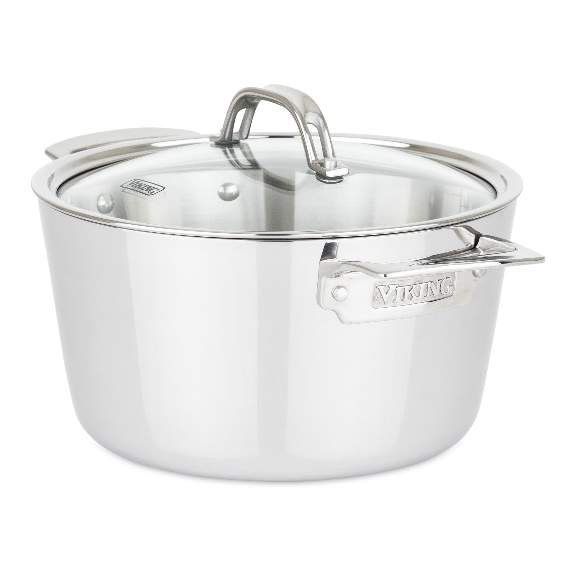 The Viking Culinary Products Contemporary 3-Ply Stainless Steel 12-Piece Cookware Set features induction compatibility, dishwasher-safe pieces, glass lids, and metal handles, shown on a white background.