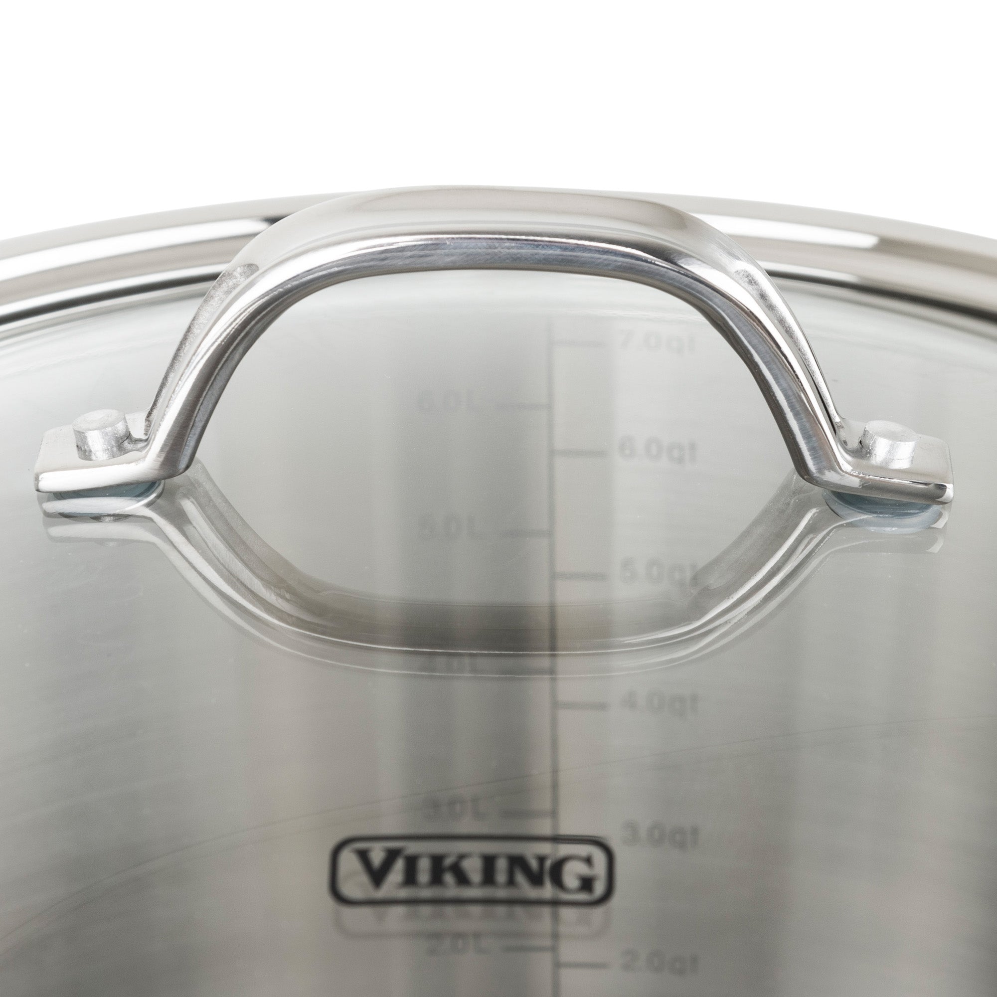 Close-up of the Viking Contemporary 3-Ply Stainless Steel 8-Quart Stock Pot by Viking Culinary Products, featuring a glass lid with centered metal handle, interior quart markings, brand logo, and dishwasher safe construction.