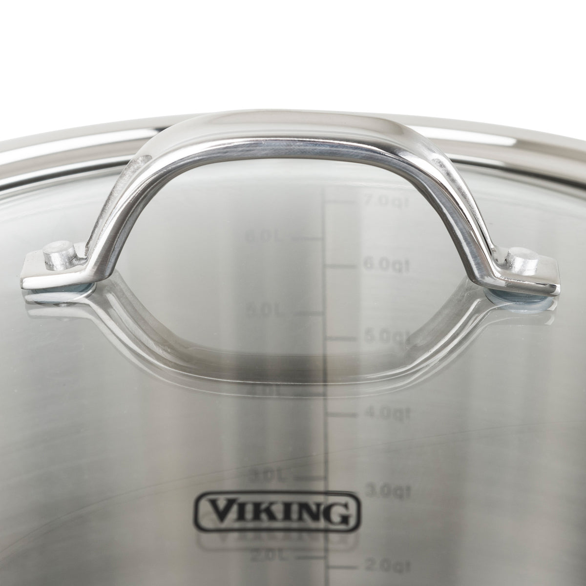 Close-up of a Viking Contemporary 3-Ply Stainless Steel pot from the Viking Culinary Products 7-piece cookware set, featuring a clear glass lid, metal handle, interior measurement markings, and induction compatibility.