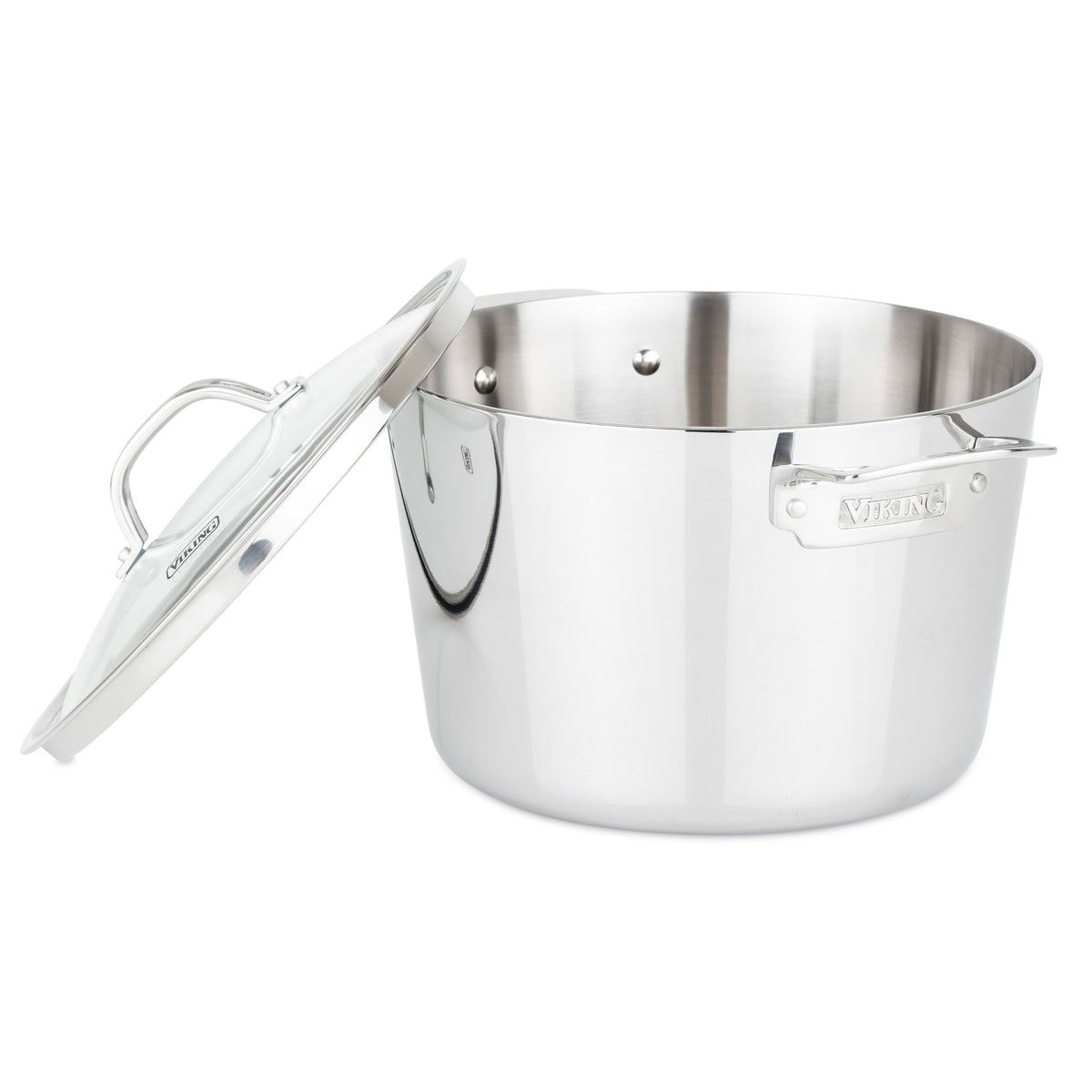 A polished Viking Culinary Products Contemporary 3-Ply Stainless Steel stock pot from the 7-piece cookware set features two handles, a matching glass lid slightly open, induction compatibility, and a metal brand label on the side.