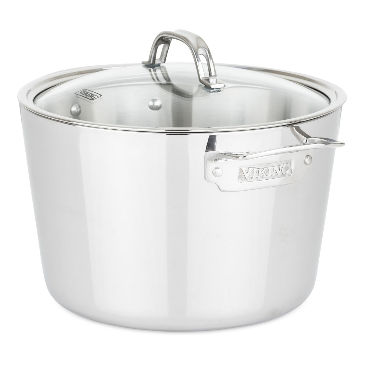 The Viking Contemporary 3-Ply Stainless Steel 7-Piece Cookware Set by Viking Culinary Products includes glass lids and sturdy handles embossed with the brand name. Induction compatible for versatile cooking.