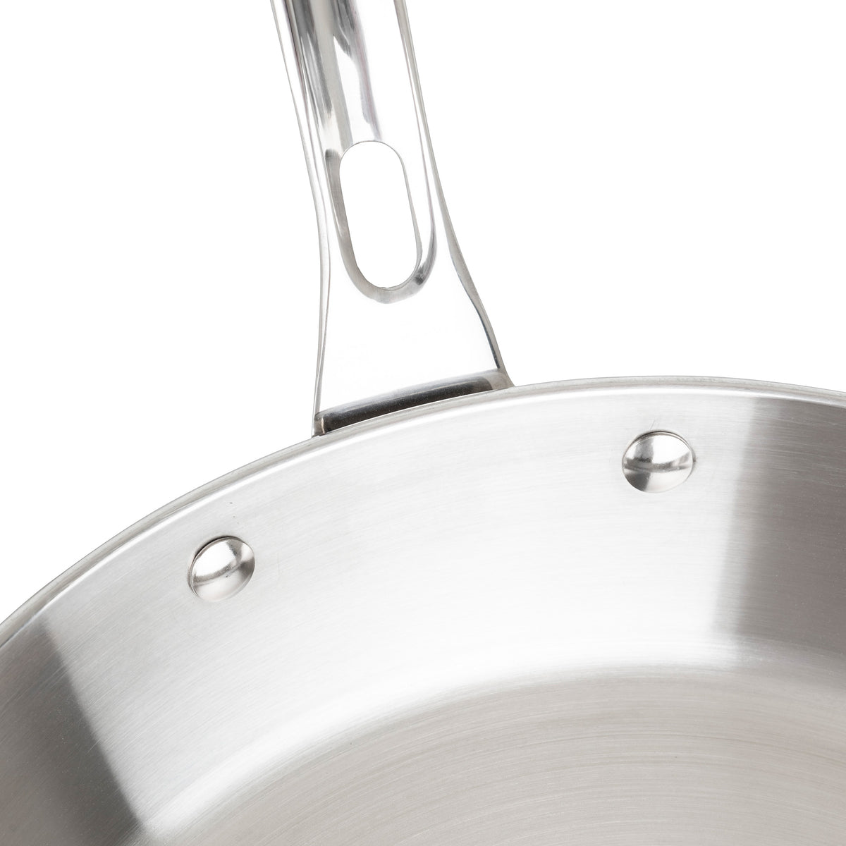 Close-up of the Viking Contemporary 3-Ply Stainless Steel 12-Inch Fry Pan by Viking Culinary Products, featuring a non-reactive, induction-compatible reflective surface and a metal handle secured by two rivets.