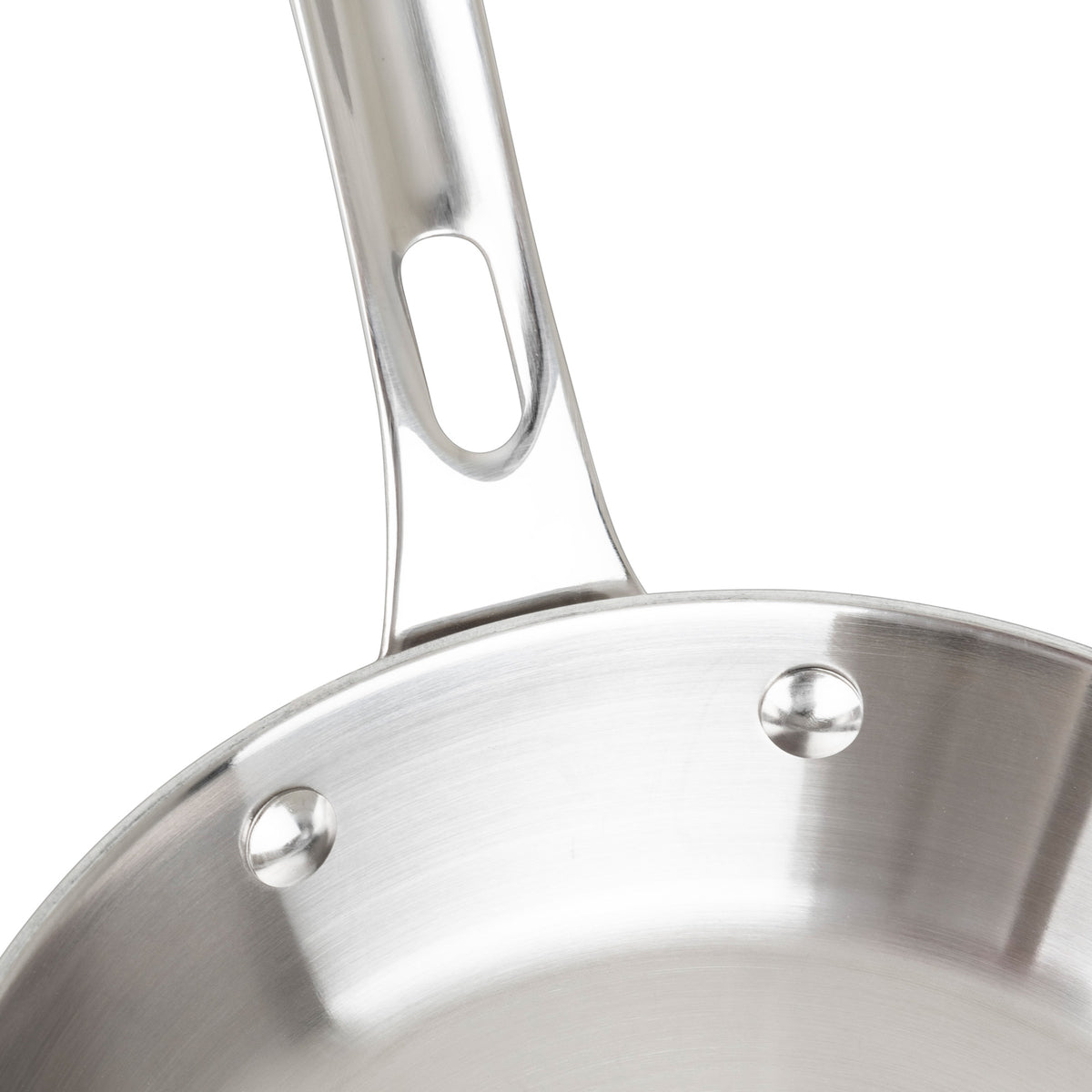 Close-up of the Viking Contemporary 3-Ply Stainless Steel 8-Inch Fry Pan by Viking Culinary Products, featuring a riveted handle and smooth stainless steel interior with a reflective finish. Induction compatible for versatile cooking.