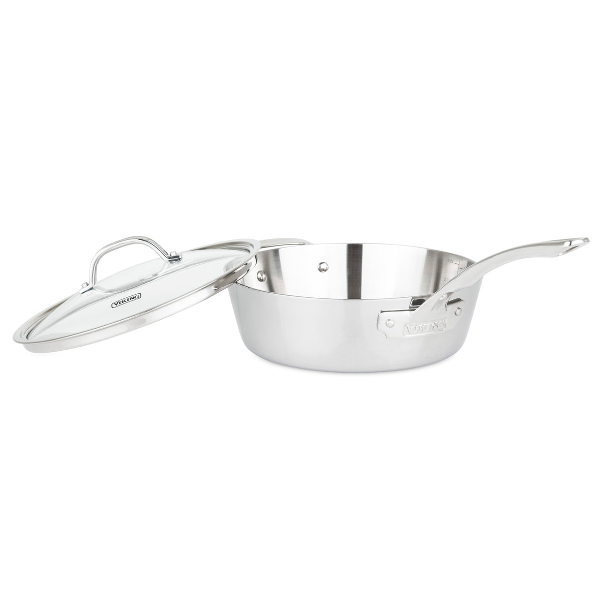 The Viking Contemporary 3-Ply 3.6-Quart Sauté Pan with Glass Lid by Viking Culinary Products rests at an angle on a white background, displaying its induction compatible design and long handle.