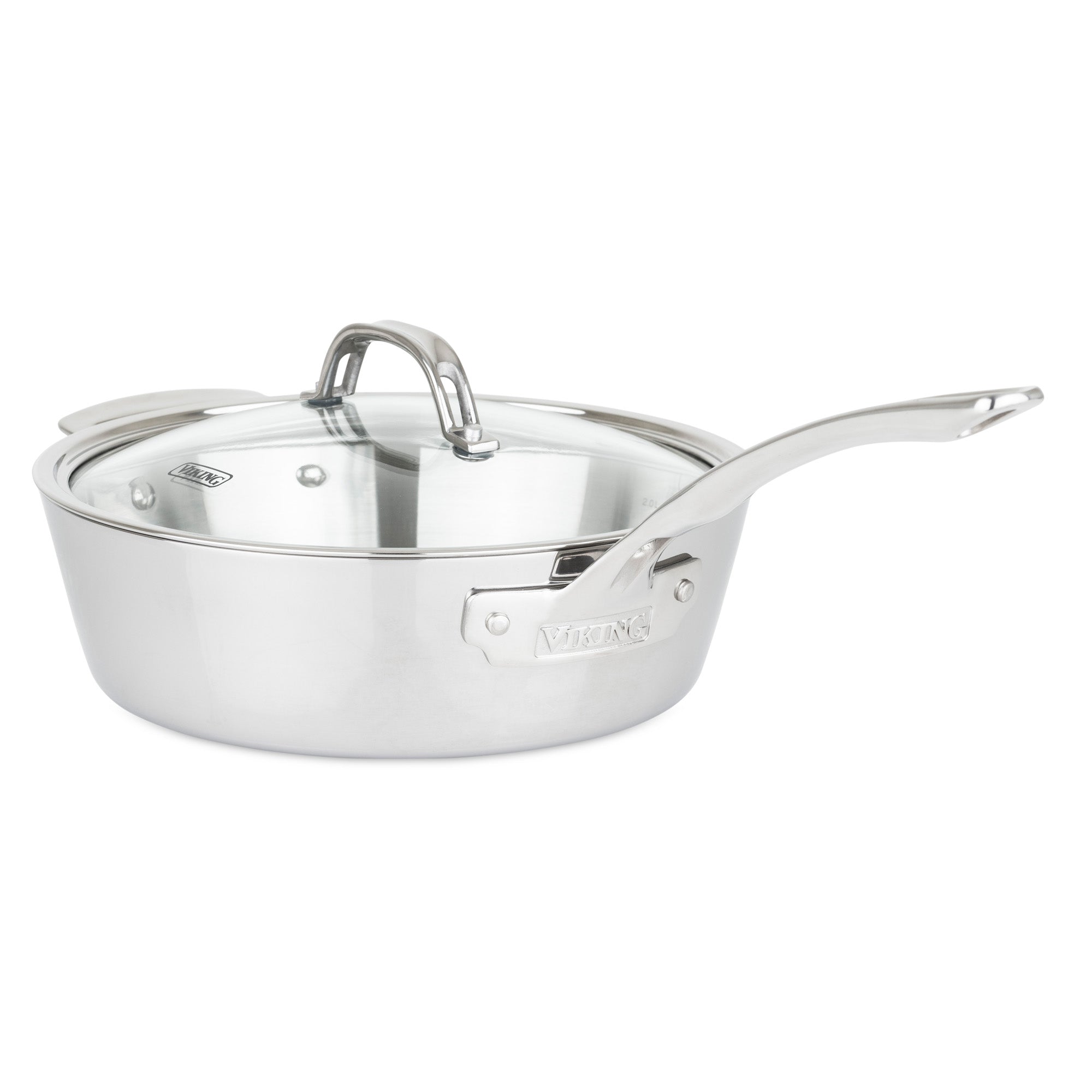 The Viking Contemporary 3-Ply Stainless Steel 12-Piece Cookware Set by Viking Culinary Products includes pans with long and helper handles, glass lids, an induction-compatible shiny finish, and sturdy construction with the brand name on the side.